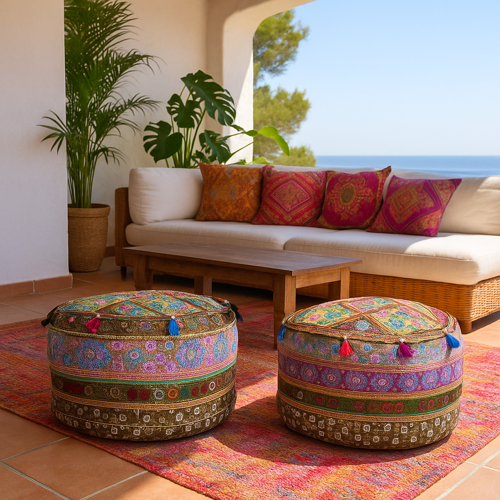 Set of 2 bright embroidered poufs 45x50 cm