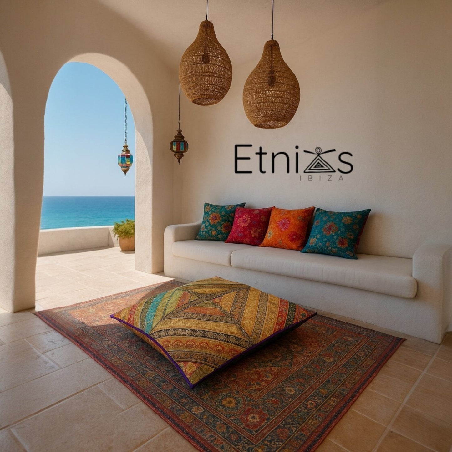 Temple Sun – Bright Embroidered Zafu Cushion XL 95x100 cm