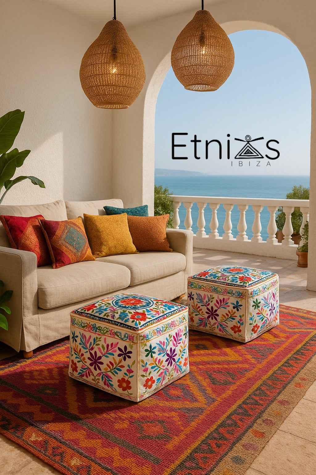 Gora Duo – Set of 2 hand-embroidered square poufs (50 cm)
