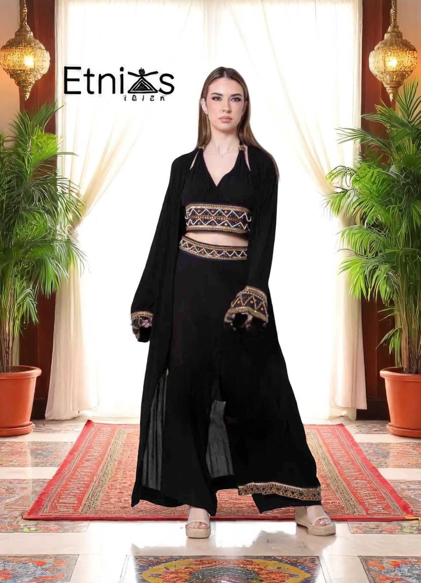 Conjunto de Tres Piezas “Raga Divina” – Kimono Largo, Pantalón Fluido y Top Halter
