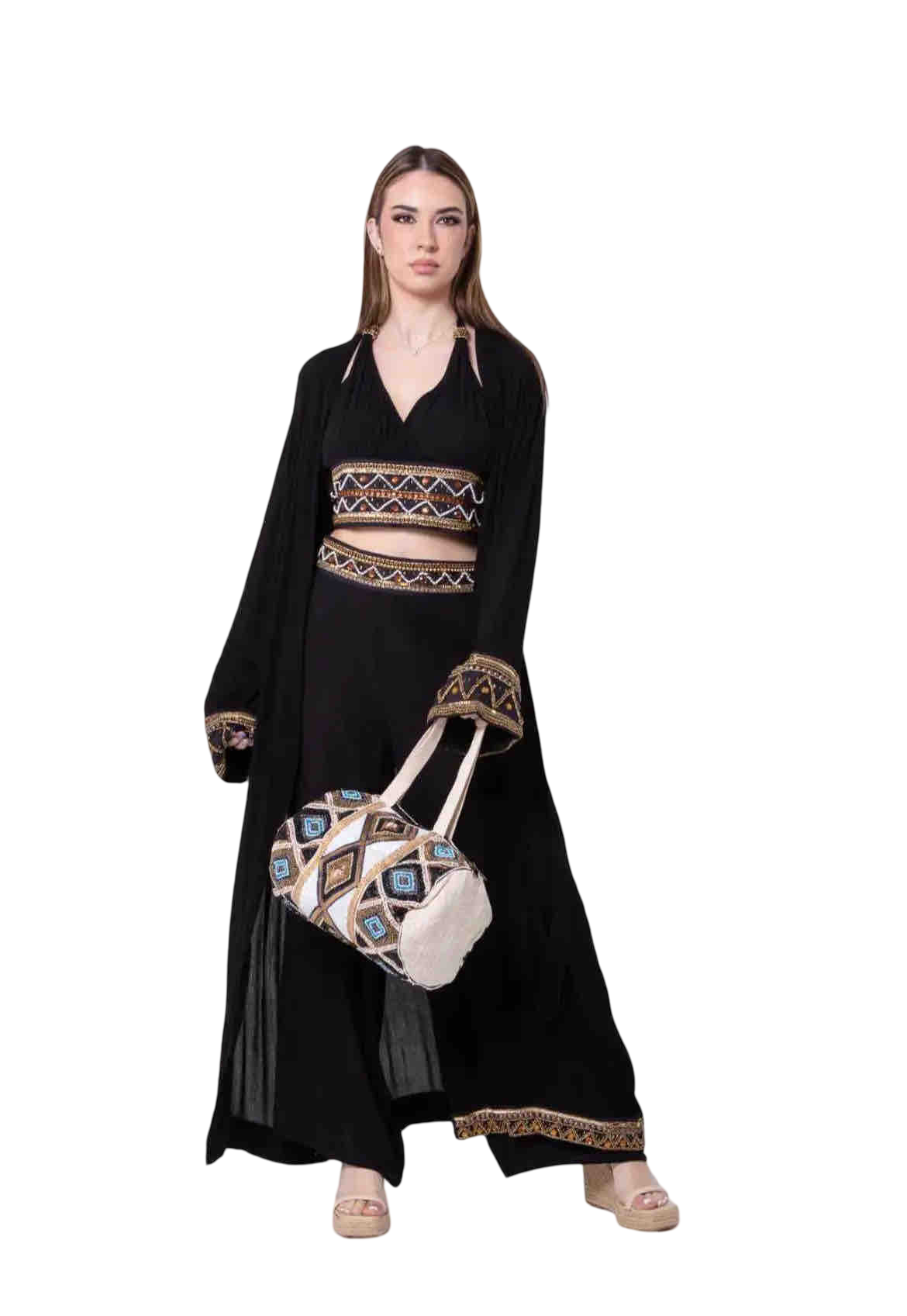 Conjunto de Tres Piezas “Raga Divina” – Kimono Largo, Pantalón Fluido y Top Halter