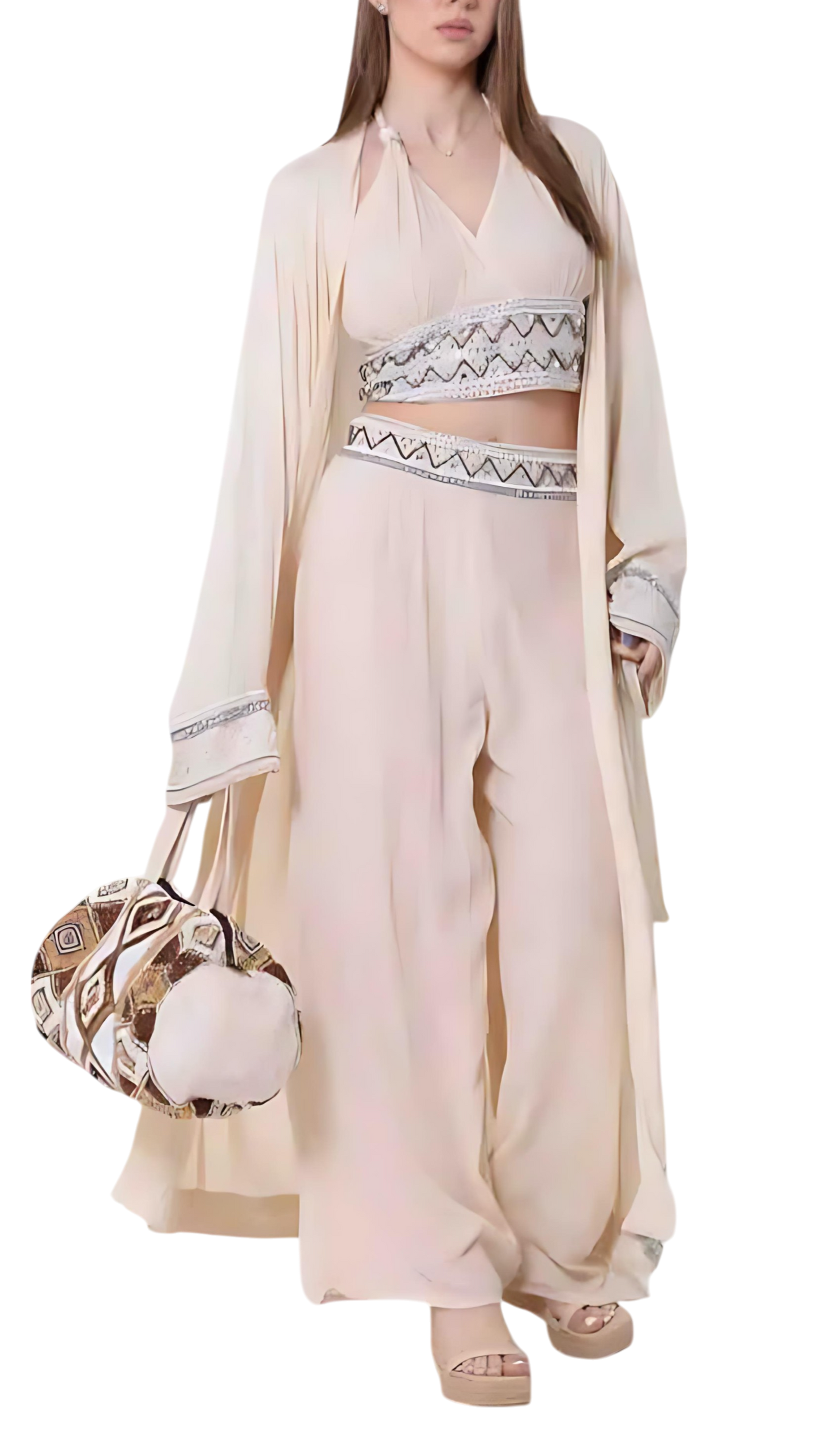 Conjunto de Tres Piezas “Raga Divina” – Kimono Largo, Pantalón Fluido y Top Halter