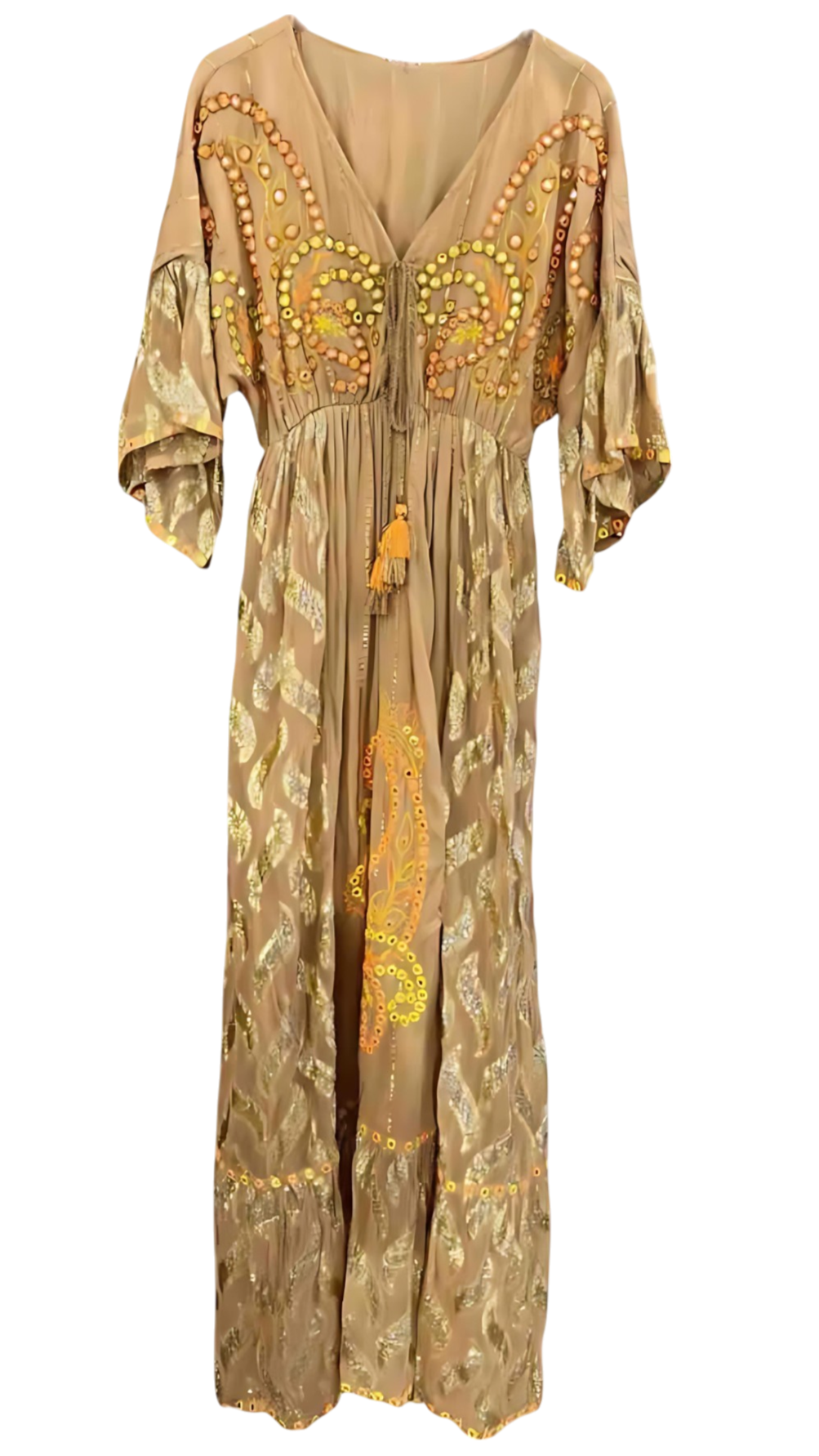 Vestido "Fuego de Vida" – Bordado a mano con espejos y motivos dorados