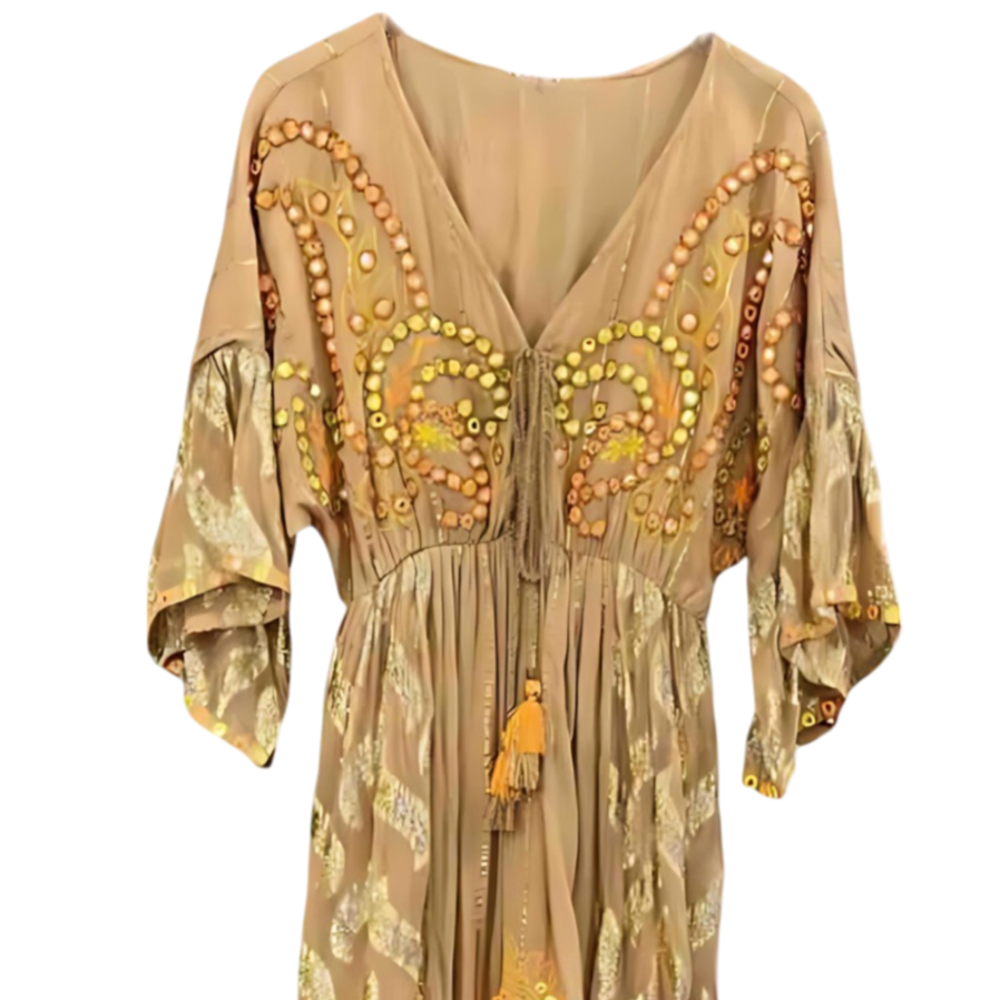 Vestido "Fuego de Vida" – Bordado a mano con espejos y motivos dorados