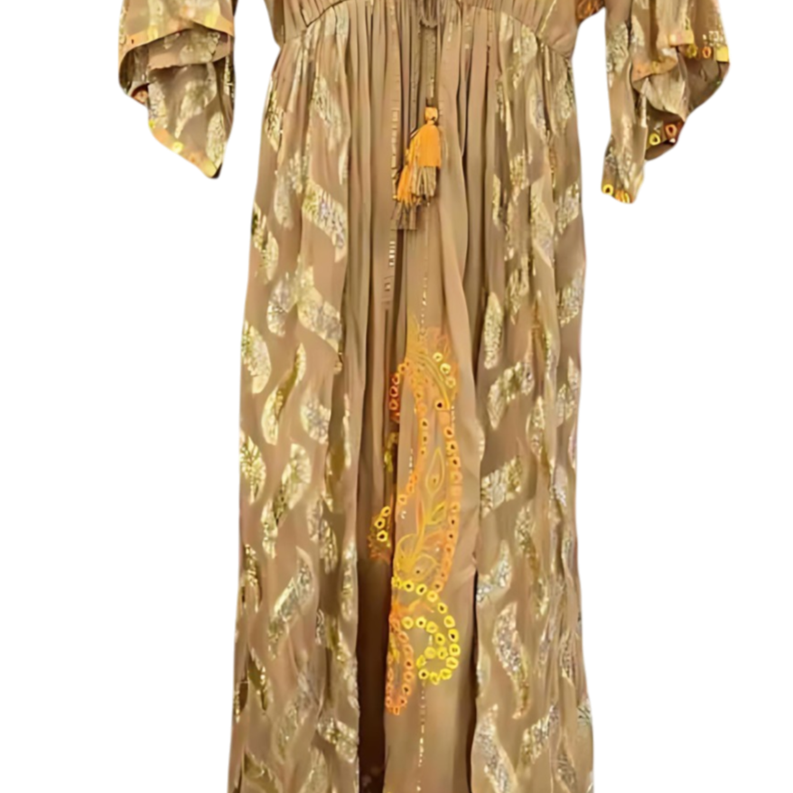 Vestido "Fuego de Vida" – Bordado a mano con espejos y motivos dorados