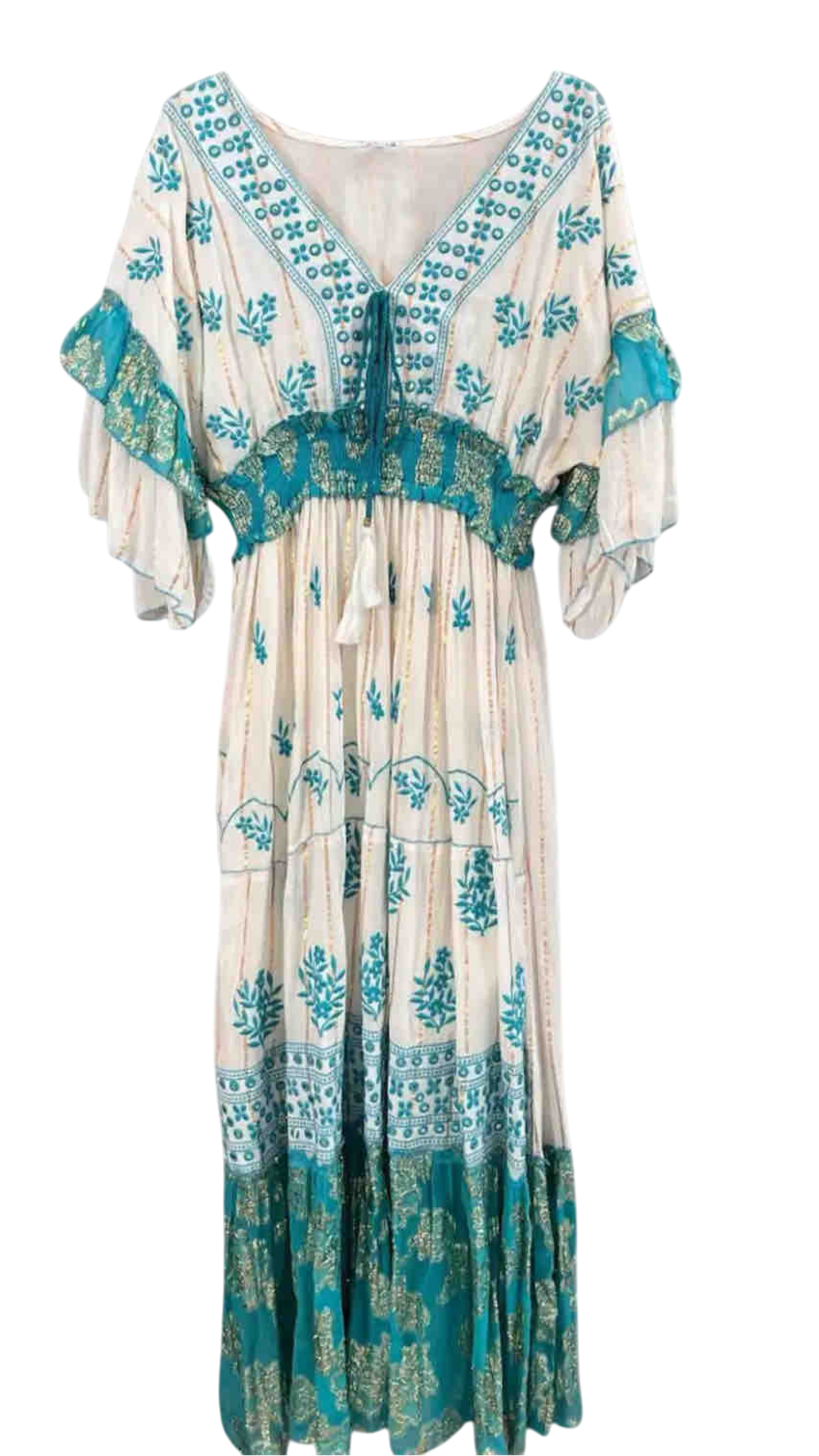 Vestido Largo Bordado "Sol del Trópico" – Verde Turquesa