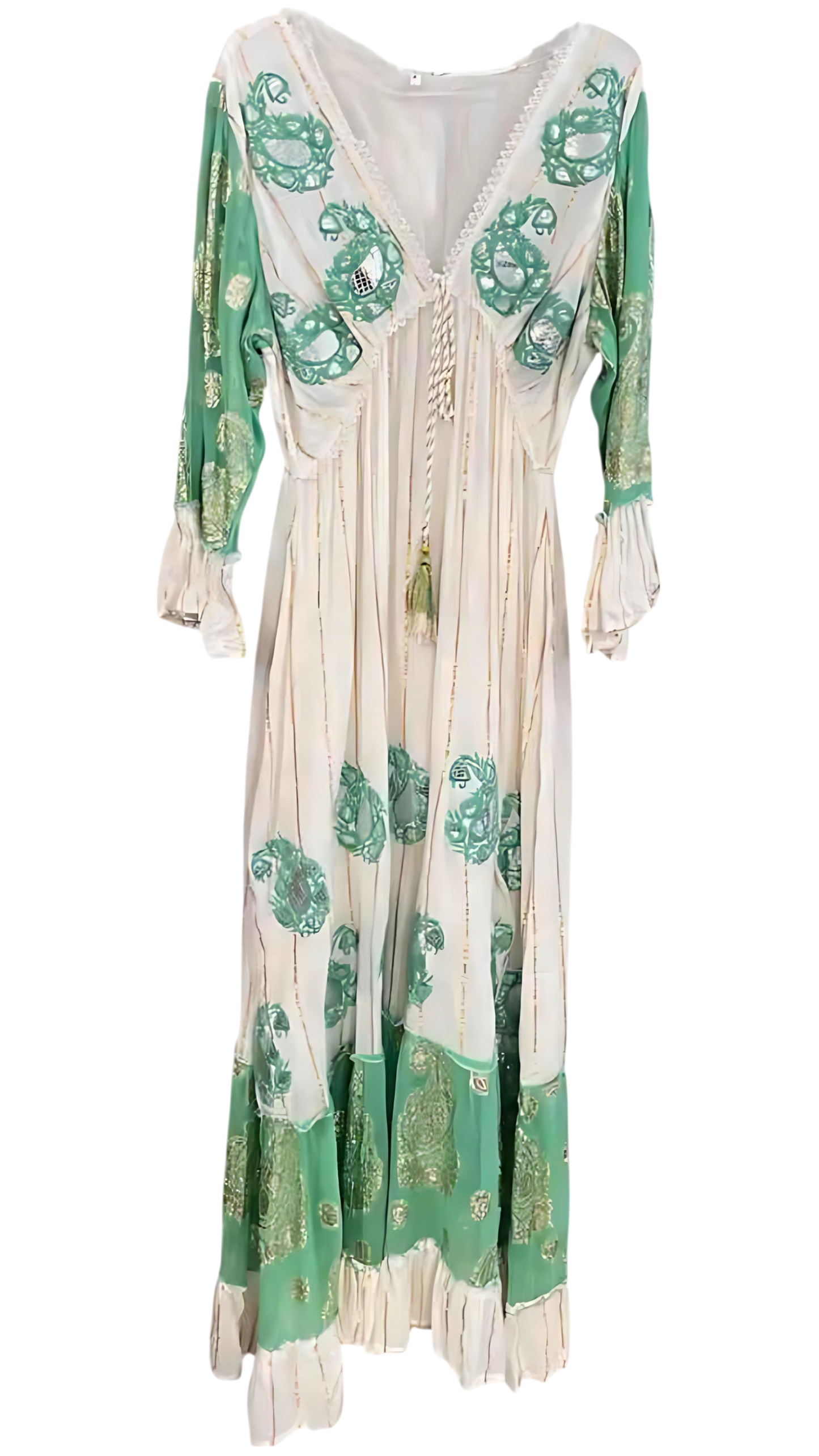 🌿 Espejismo Sagrado – Vestido con bordados dorados y cristales