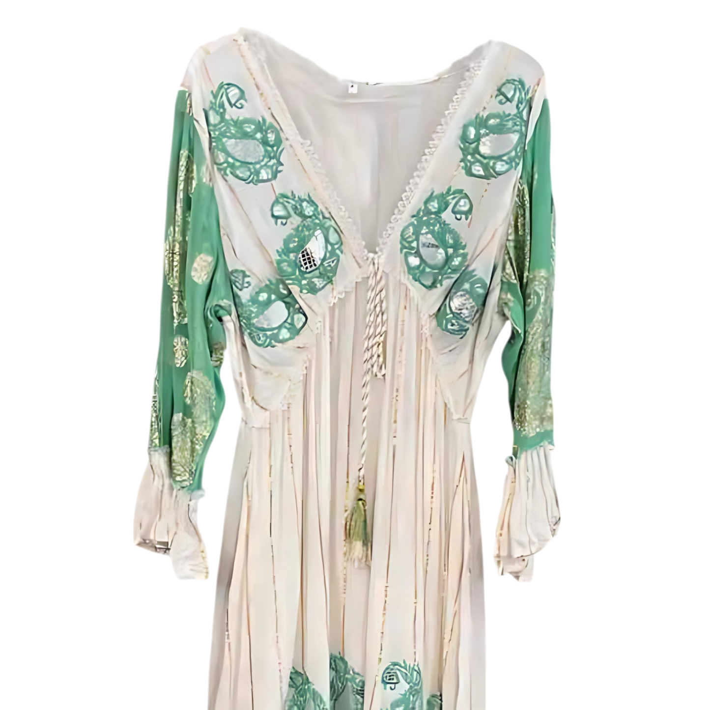 🌿 Espejismo Sagrado – Vestido con bordados dorados y cristales