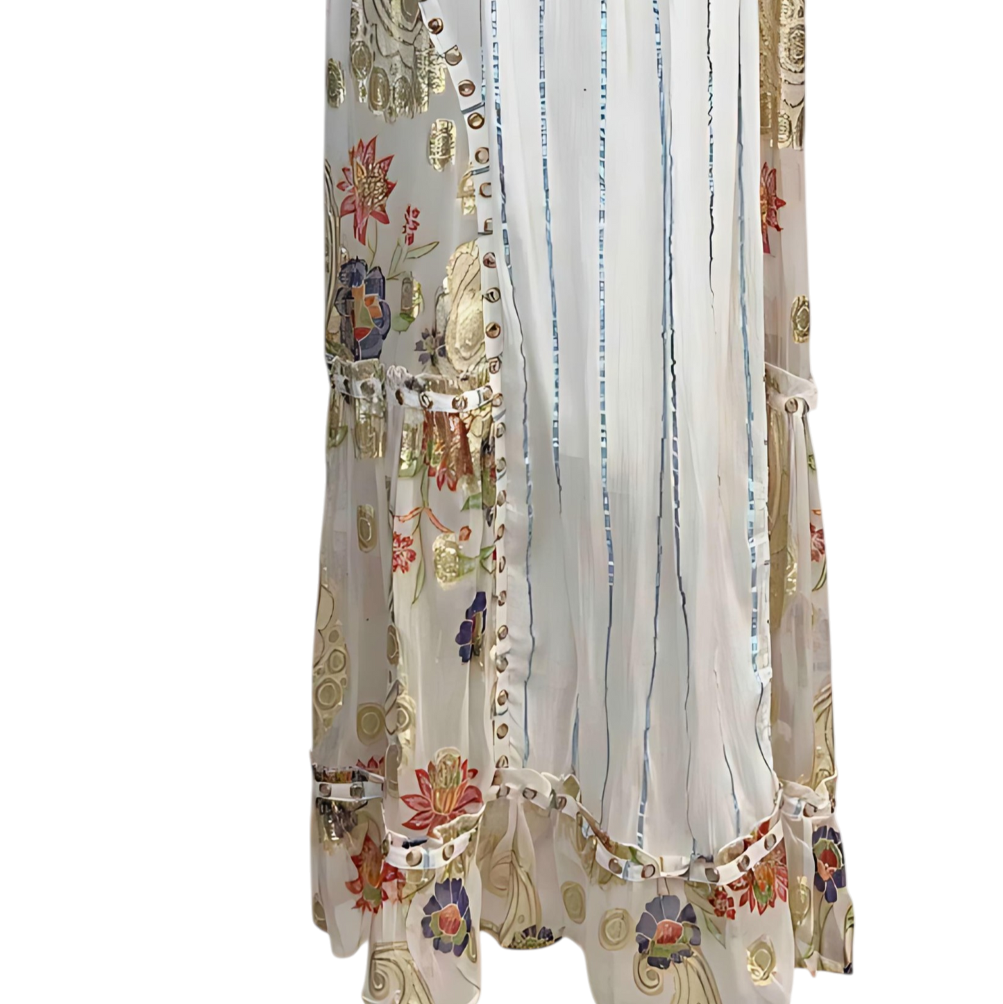 Vestido Largo Blanco con Bordados Dorados y Flores de Color