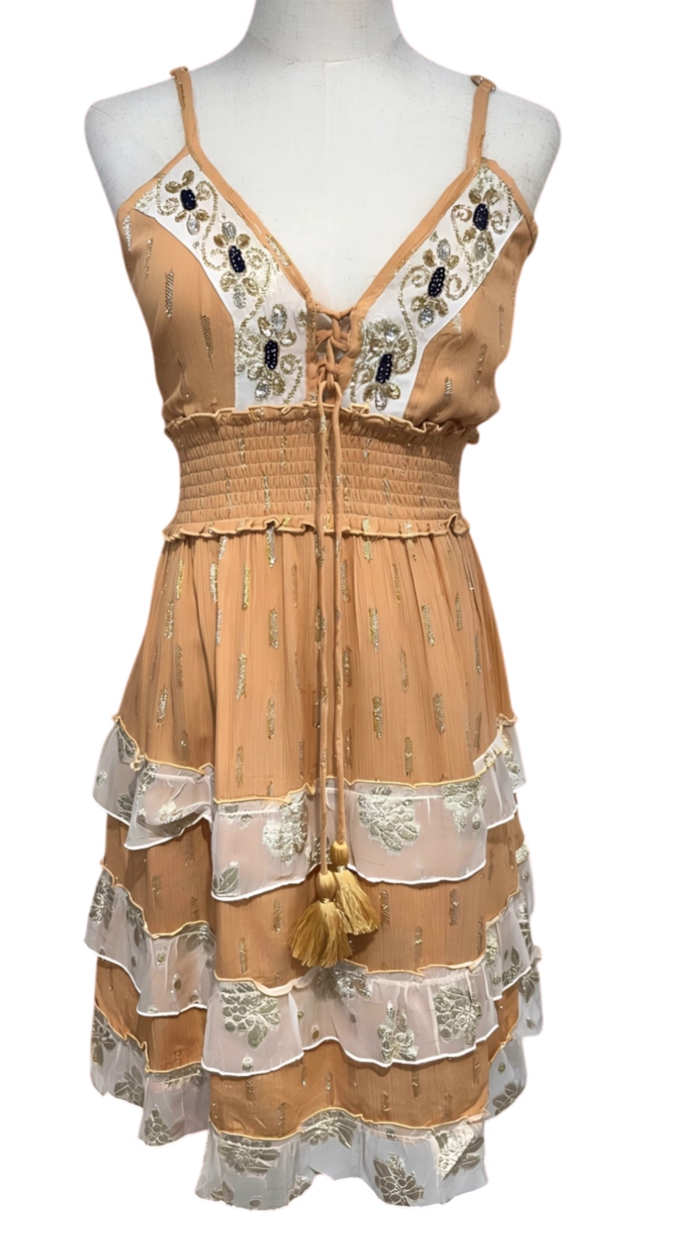 Short “Solambra” dress with gold embroidery and layered ruffles