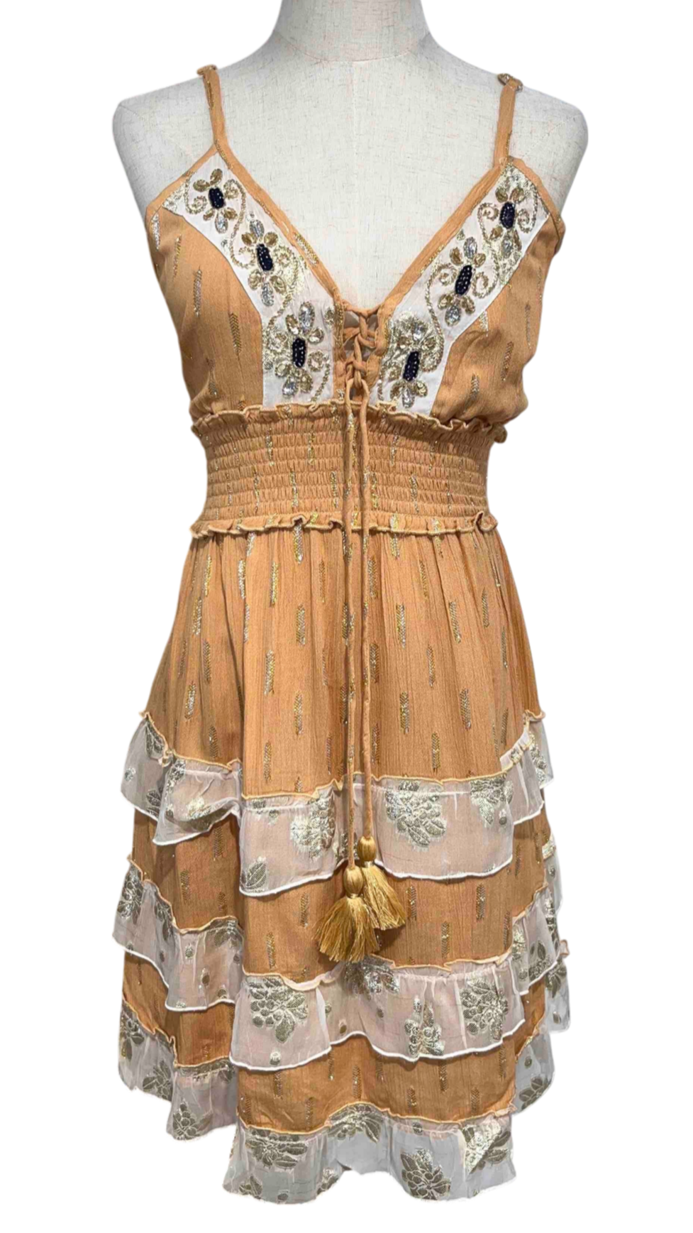 Short “Solambra” dress with gold embroidery and layered ruffles