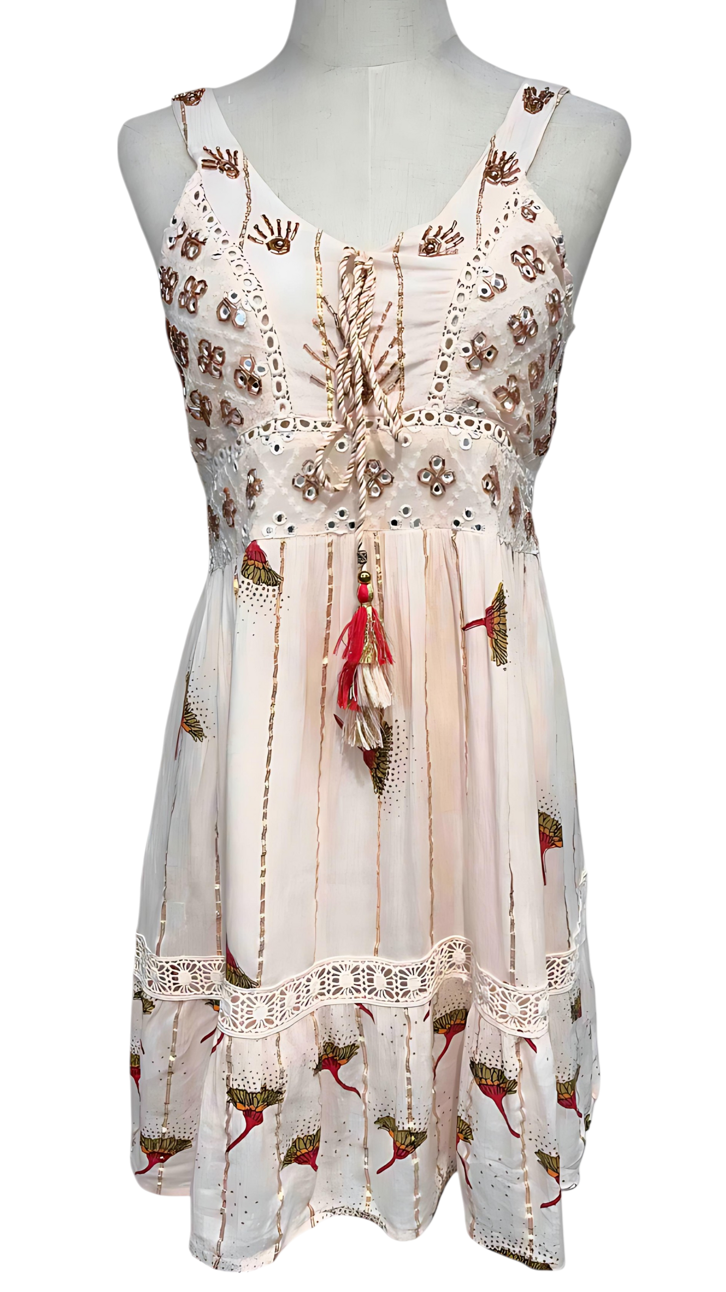 “Kynari” short dress with hand-embroidered embroidery and pompoms