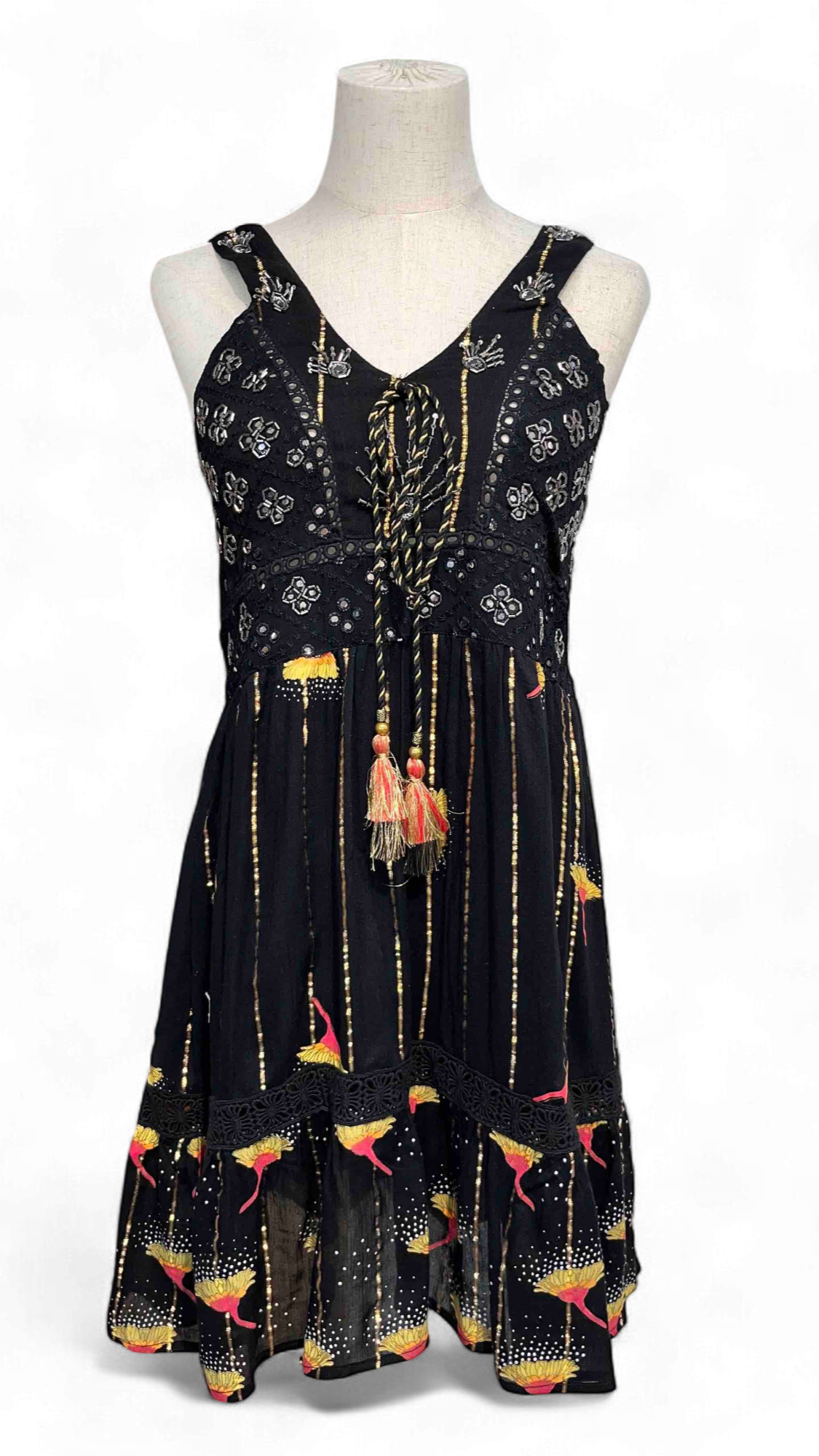 “Shanaya Black” short dress with gold embroidery and pompoms