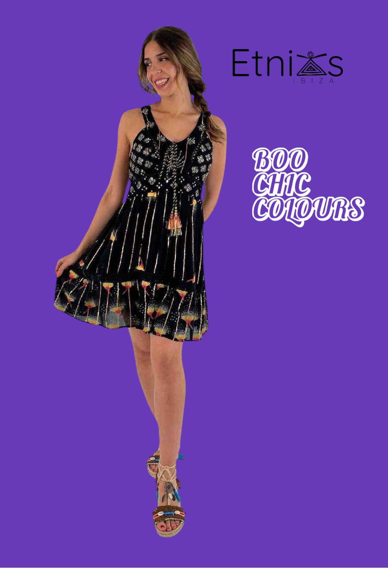 “Shanaya Black” short dress with gold embroidery and pompoms