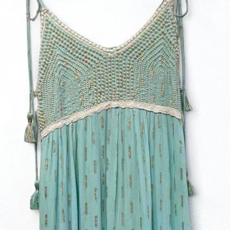 Vestido largo azul agua con cuerpo de crochet