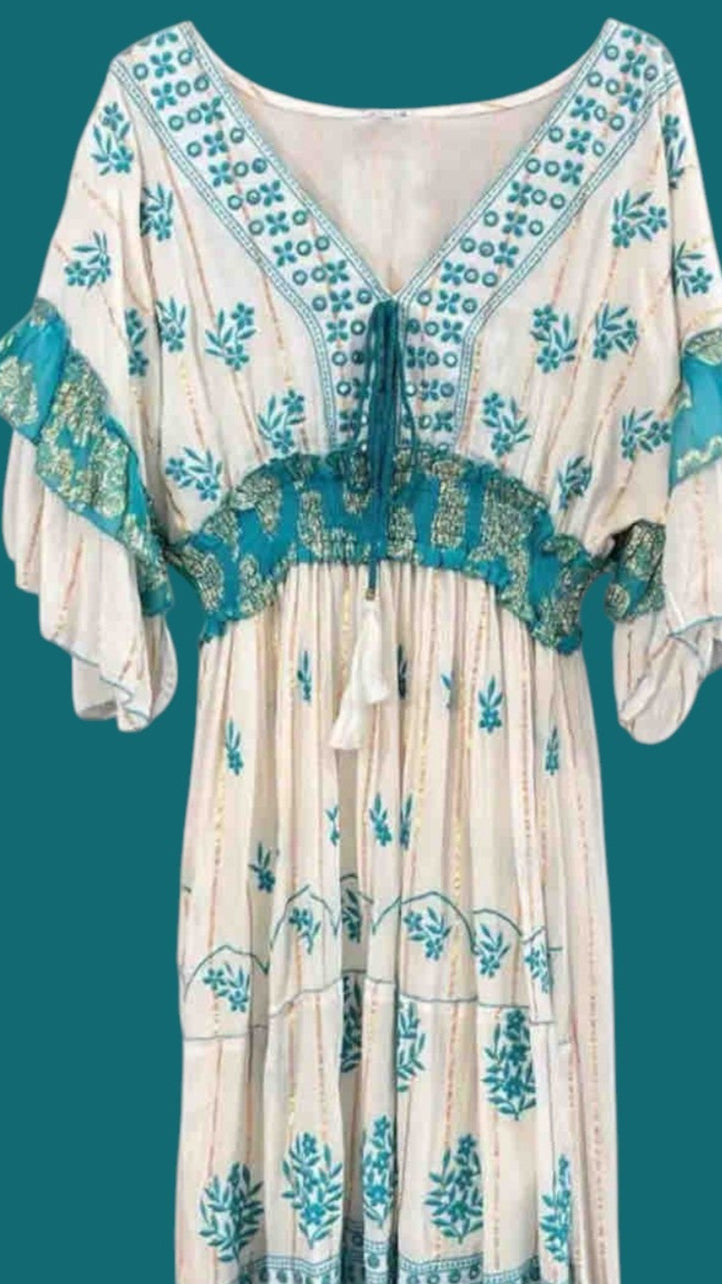 Vestido Largo Bordado "Sol del Trópico" – Verde Turquesa