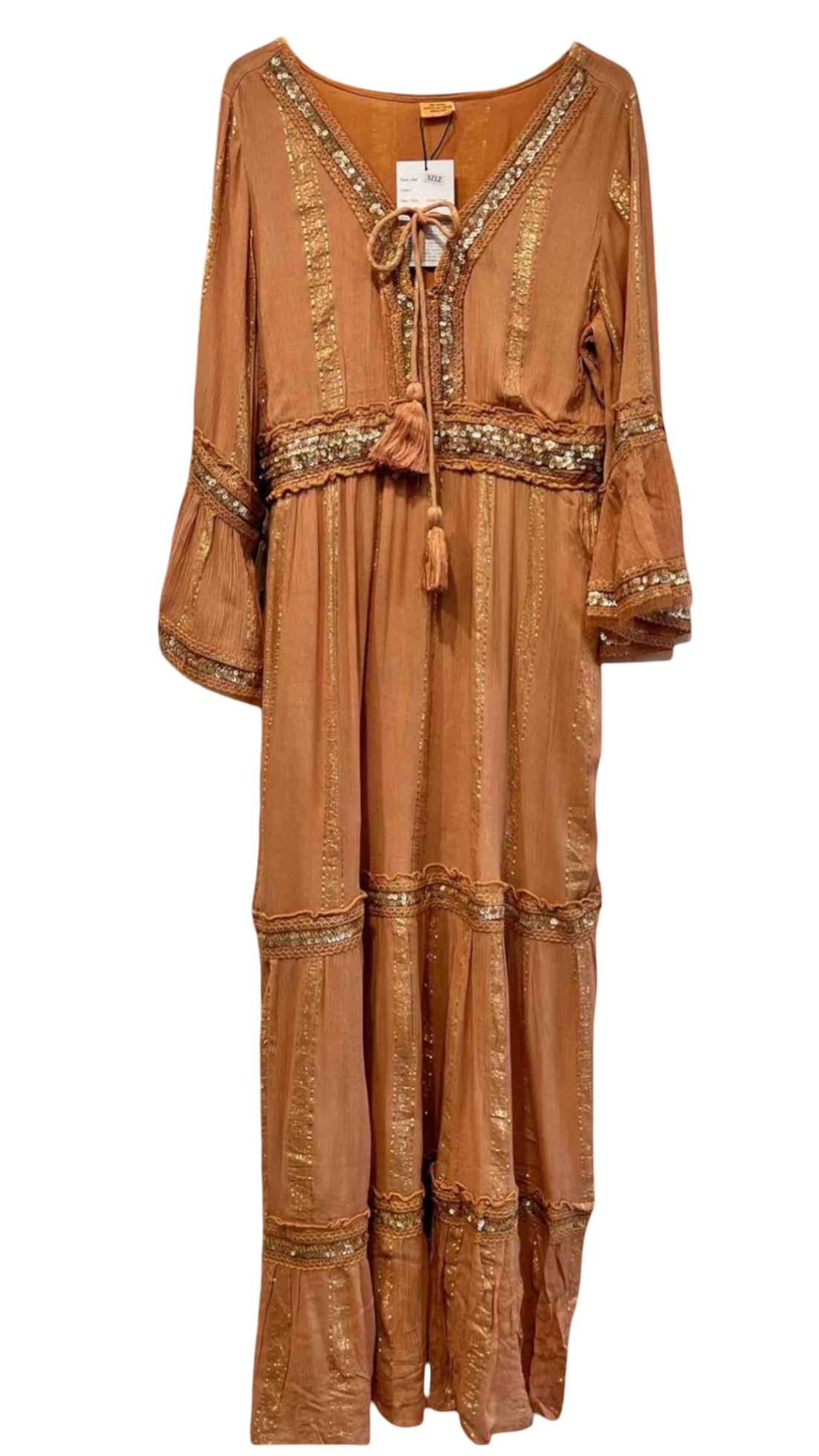 Vestido largo color tierra con detalles dorados