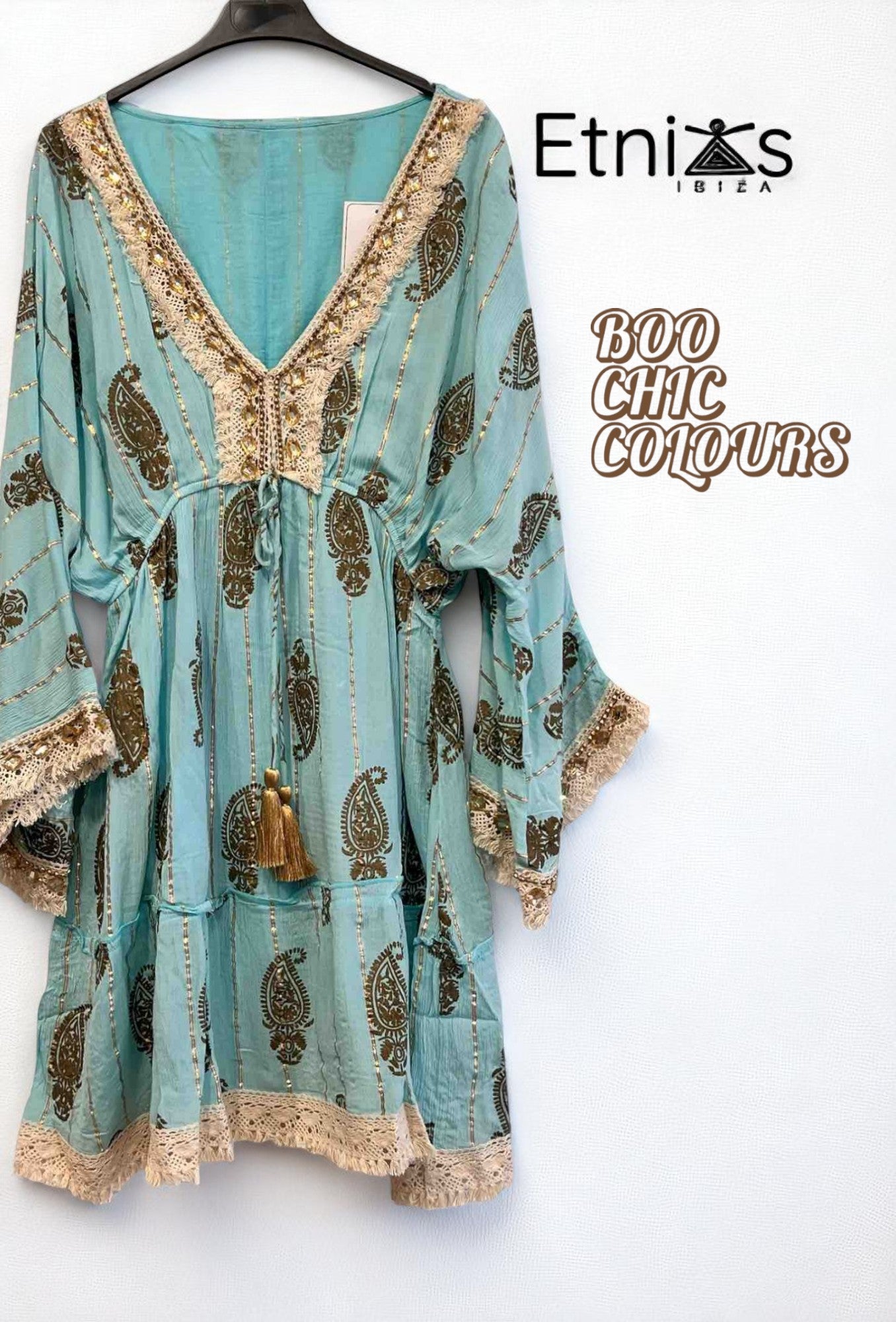 Short Embroidered Dress in Blue or Emerald Green with Gold Sparkles