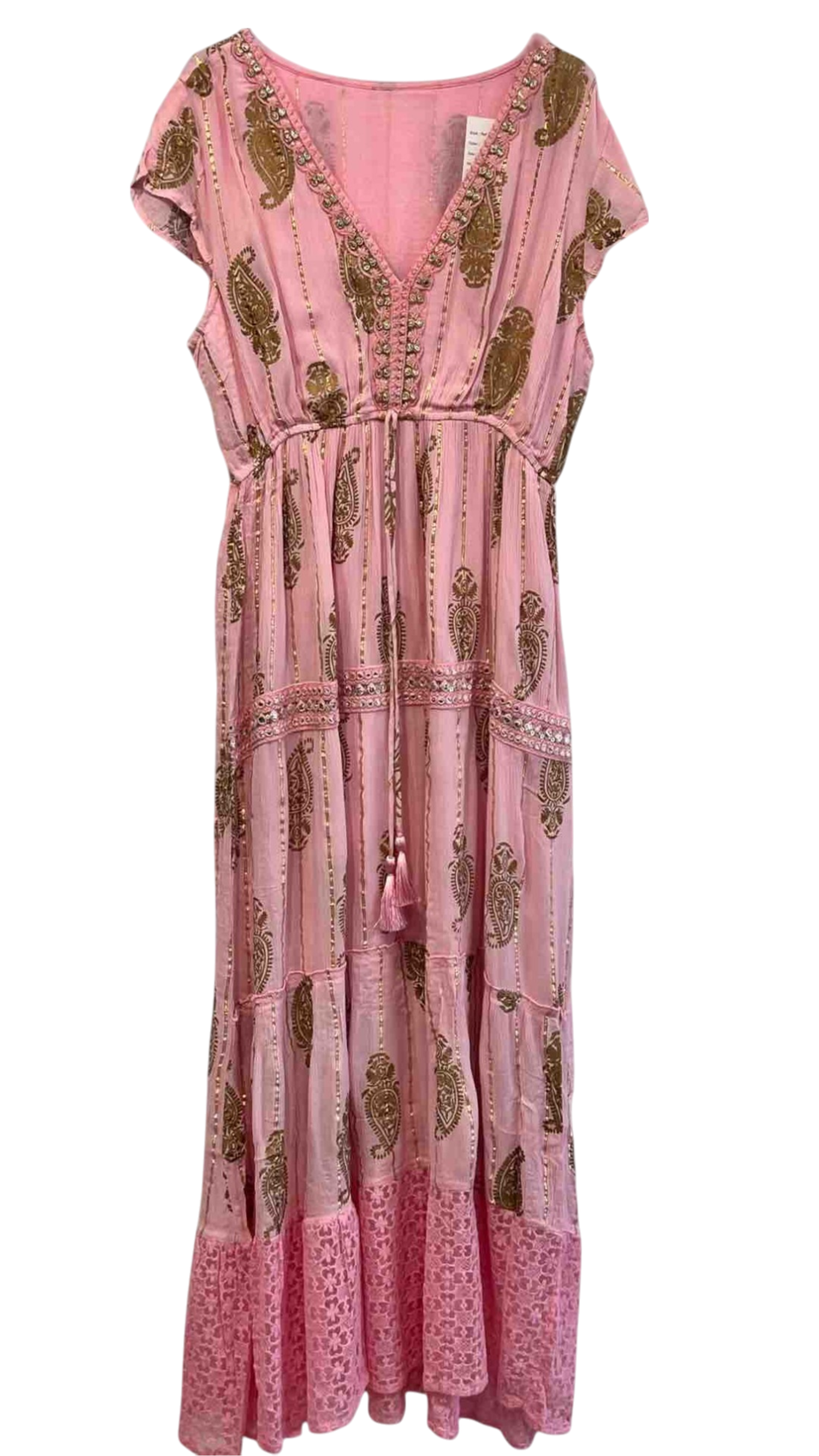 Vestido Largo Rosa Bohemio con Bordados Dorados