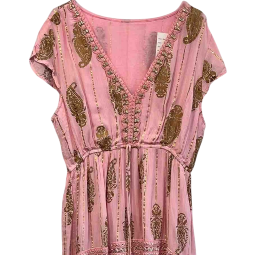 Vestido Largo Rosa Bohemio con Bordados Dorados