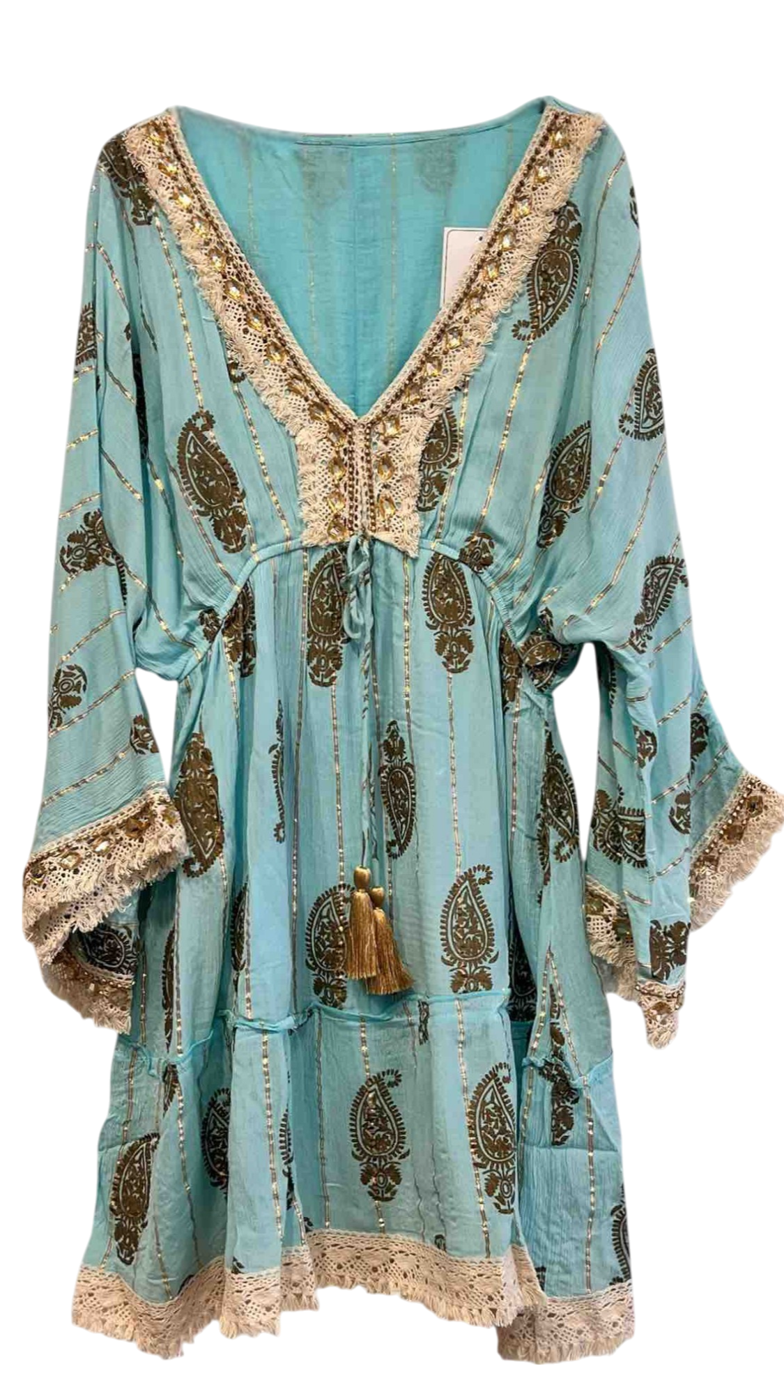 Short Embroidered Dress in Blue or Emerald Green with Gold Sparkles