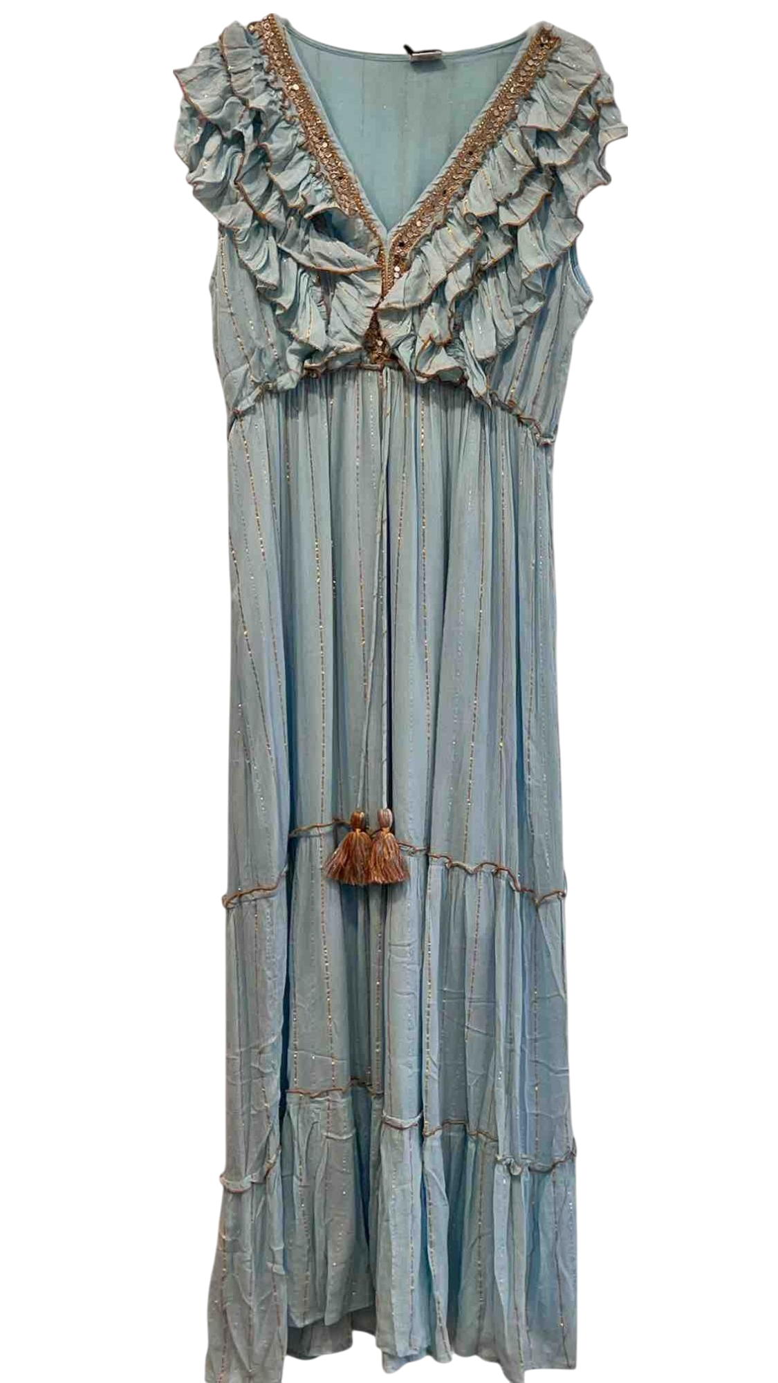 Vestido largo con volantes y bordado dorado – Azul Cielo