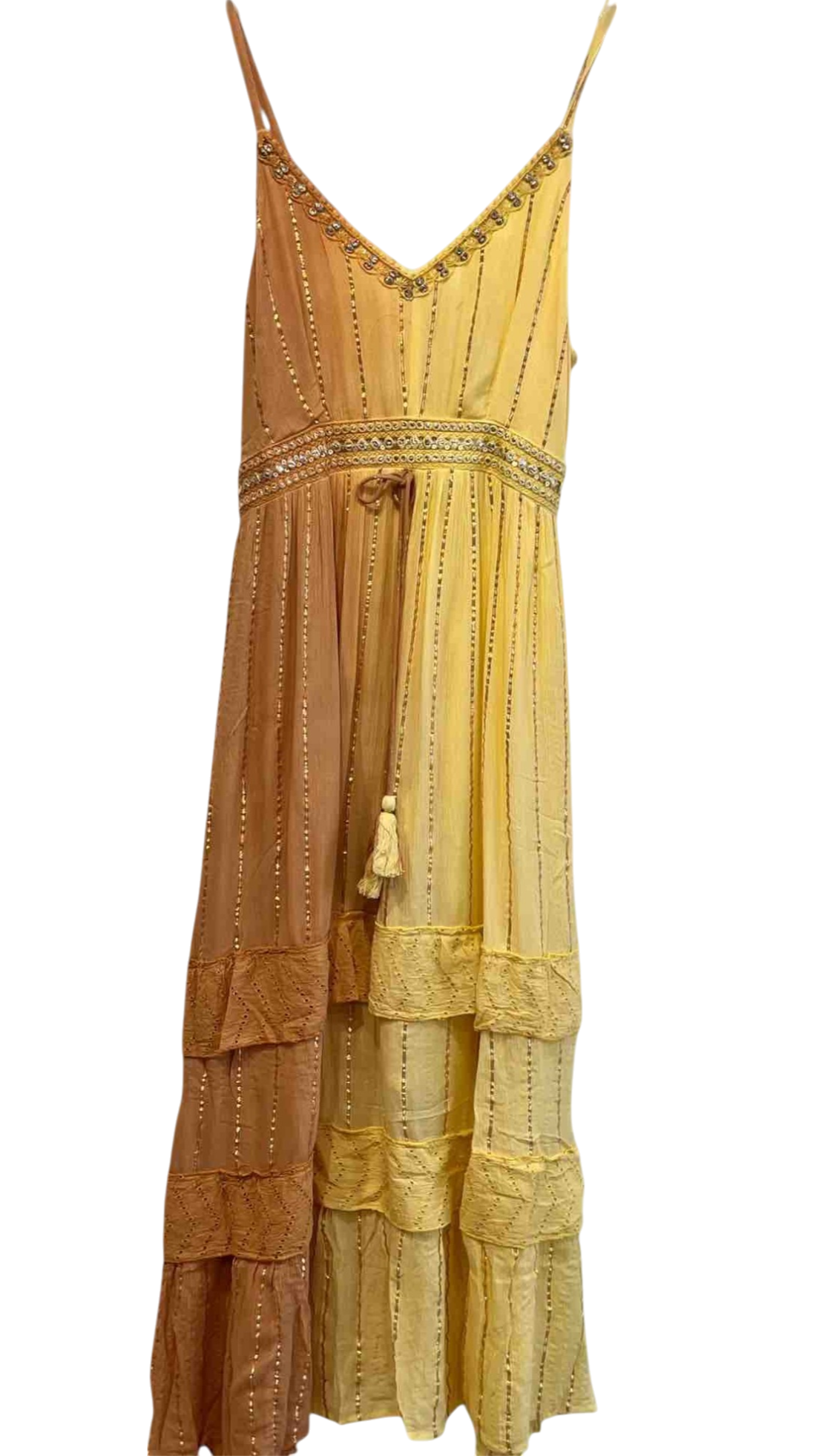 Vestido “Dorada Libertad” con lentejuelas y degradado tierra-oro