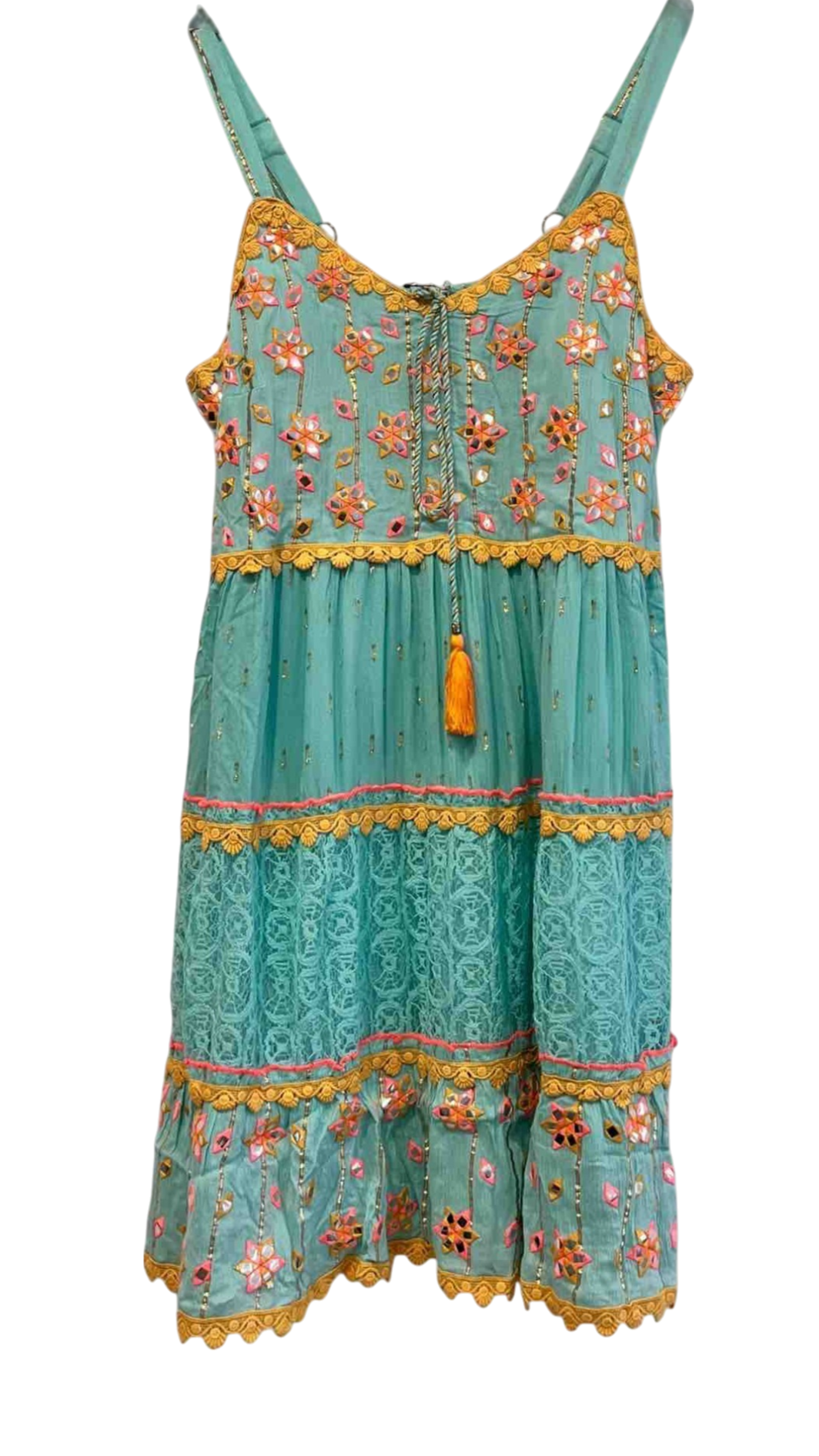 Short Embroidered Dress in Blue or Emerald Green with Gold Sparkles