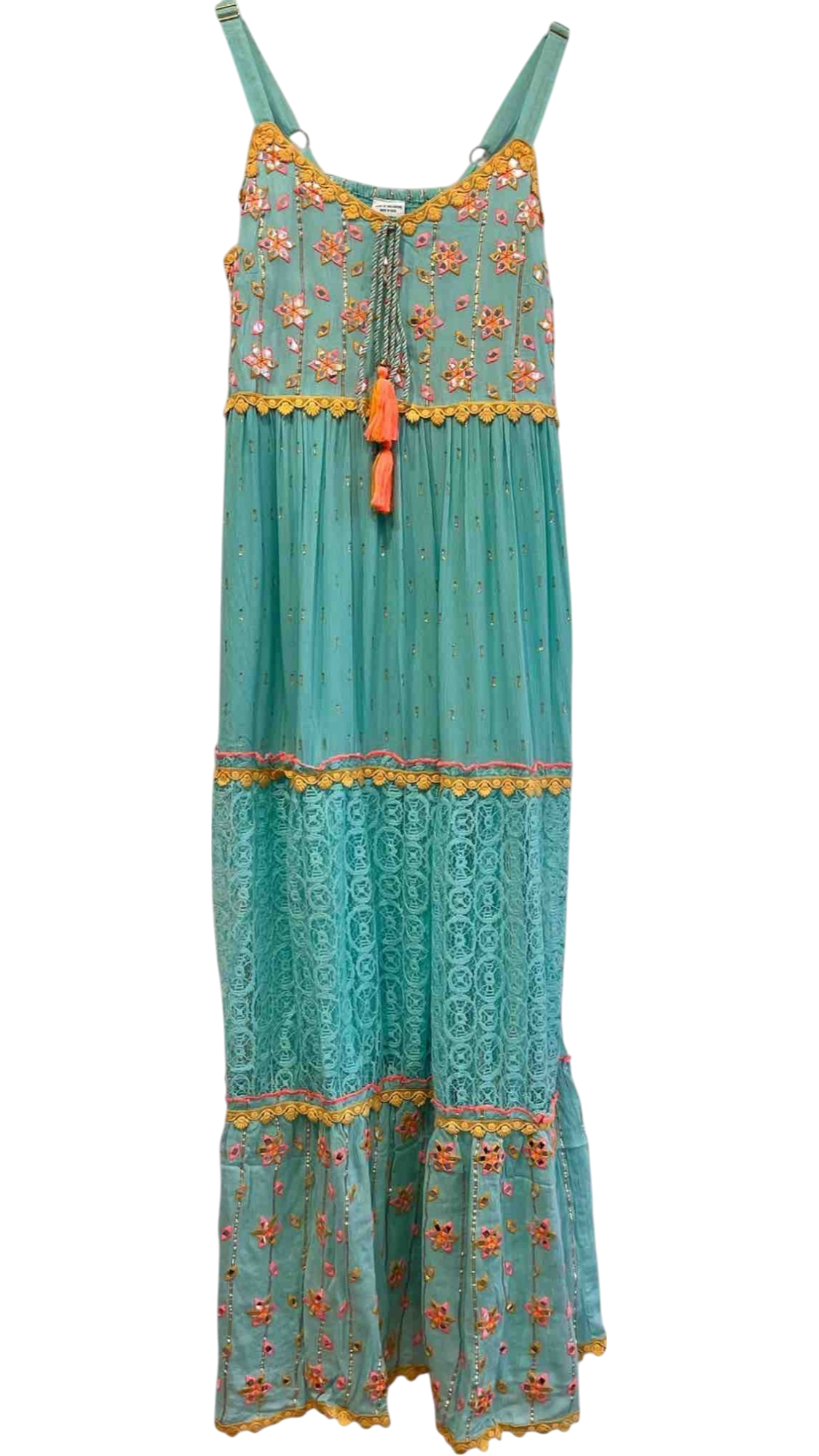 Vestido “Luz del Trópico” con bordado floral y encaje turquesa