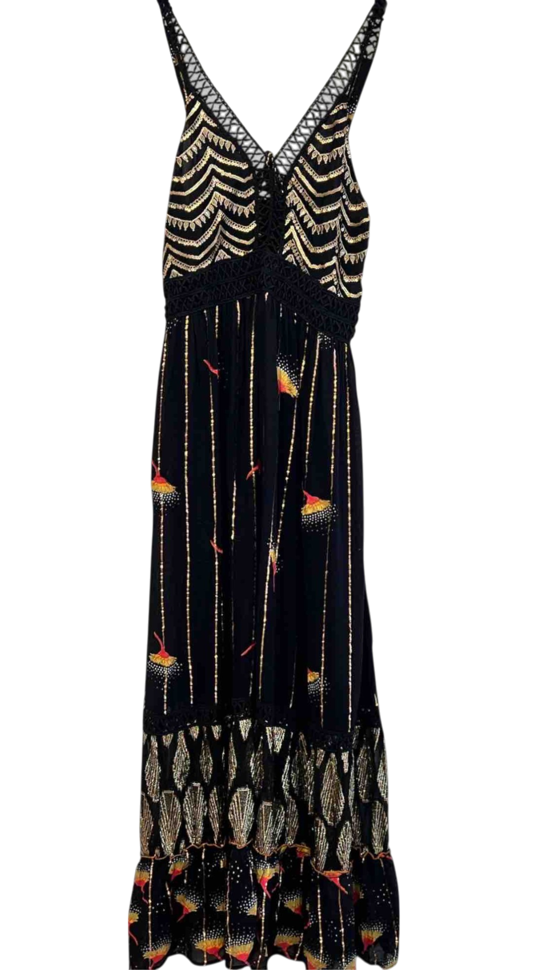 Vestido largo negro con bordado dorado y estampado de aves
