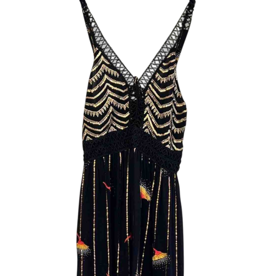 Vestido largo negro con bordado dorado y estampado de aves