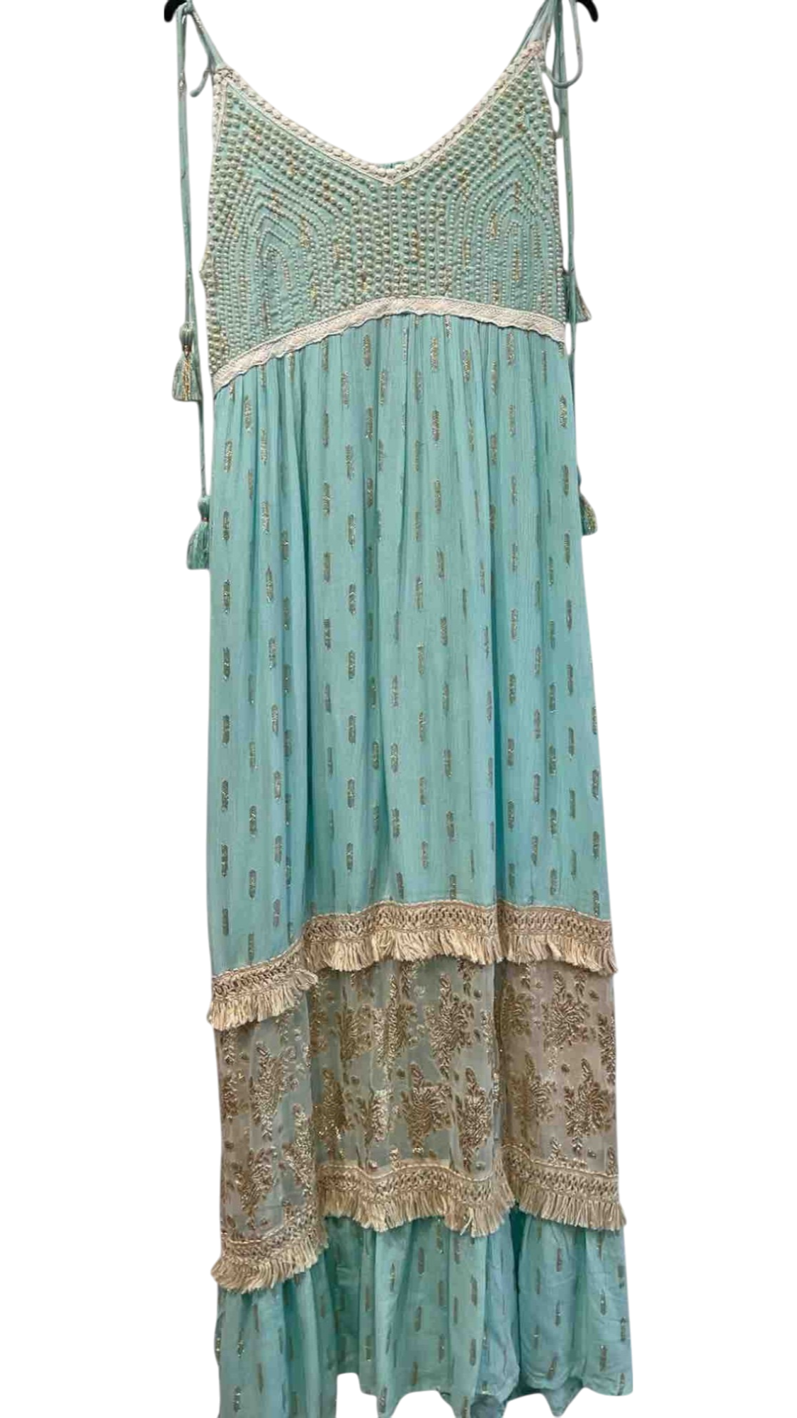 Vestido largo azul agua con cuerpo de crochet