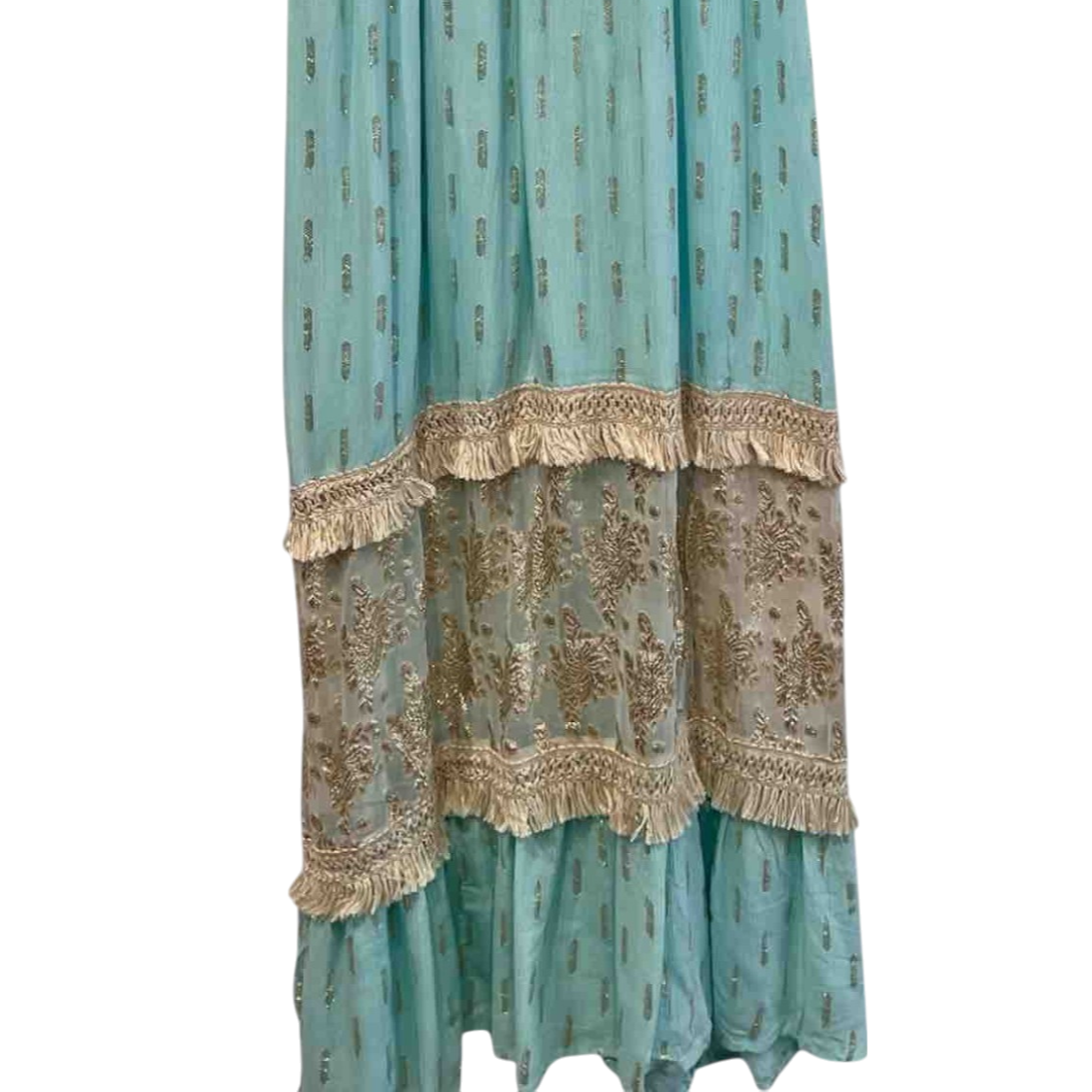Vestido largo azul agua con cuerpo de crochet