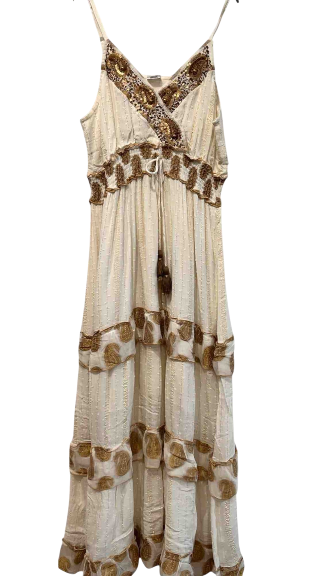 Vestido largo crudo con bordado dorado y tirantes