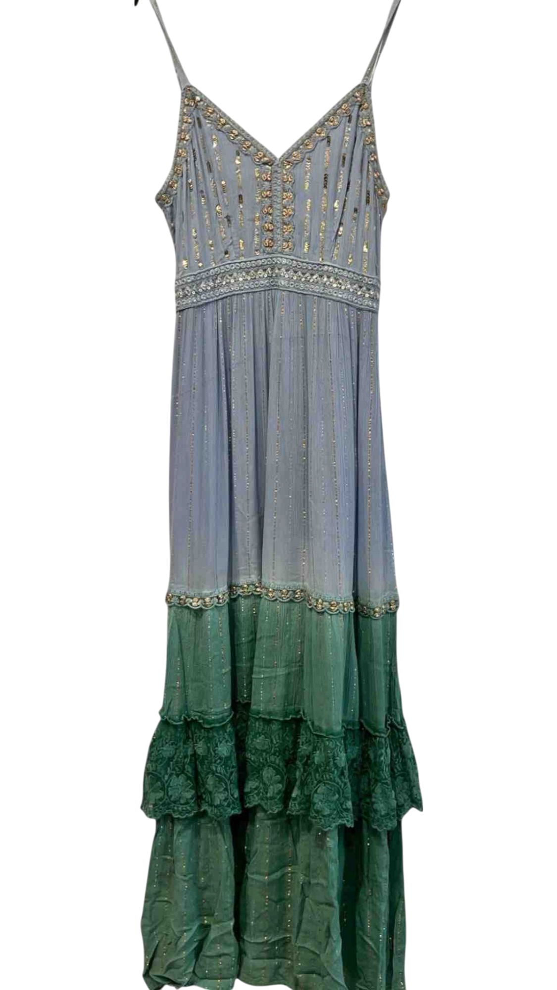 Vestido largo azul y verde con tirantes y bordado dorado