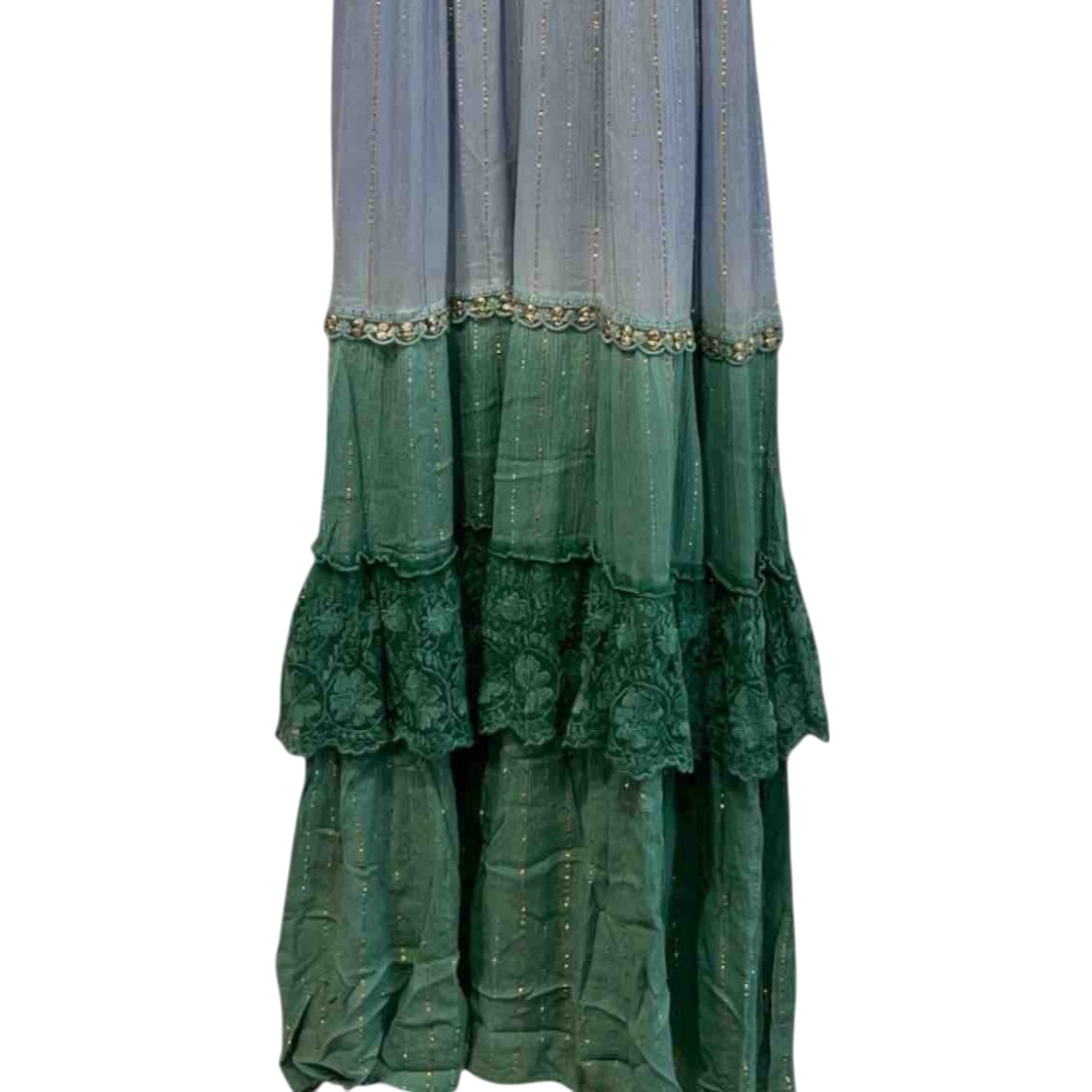Vestido largo azul y verde con tirantes y bordado dorado