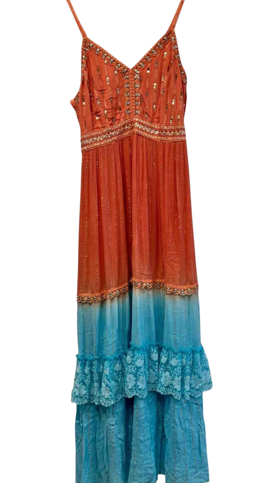 Vestido largo degradado naranja y turquesa con encaje