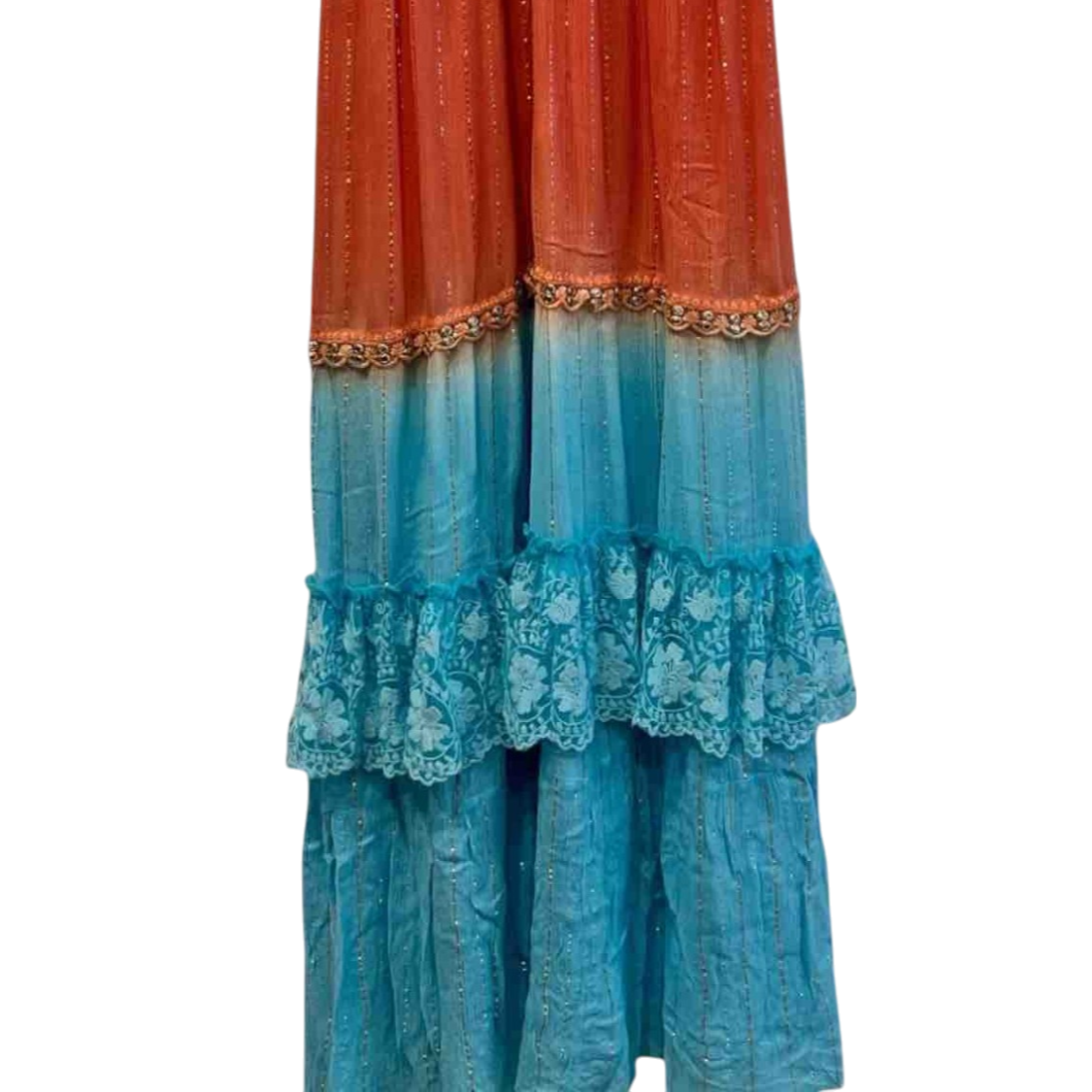Vestido largo degradado naranja y turquesa con encaje