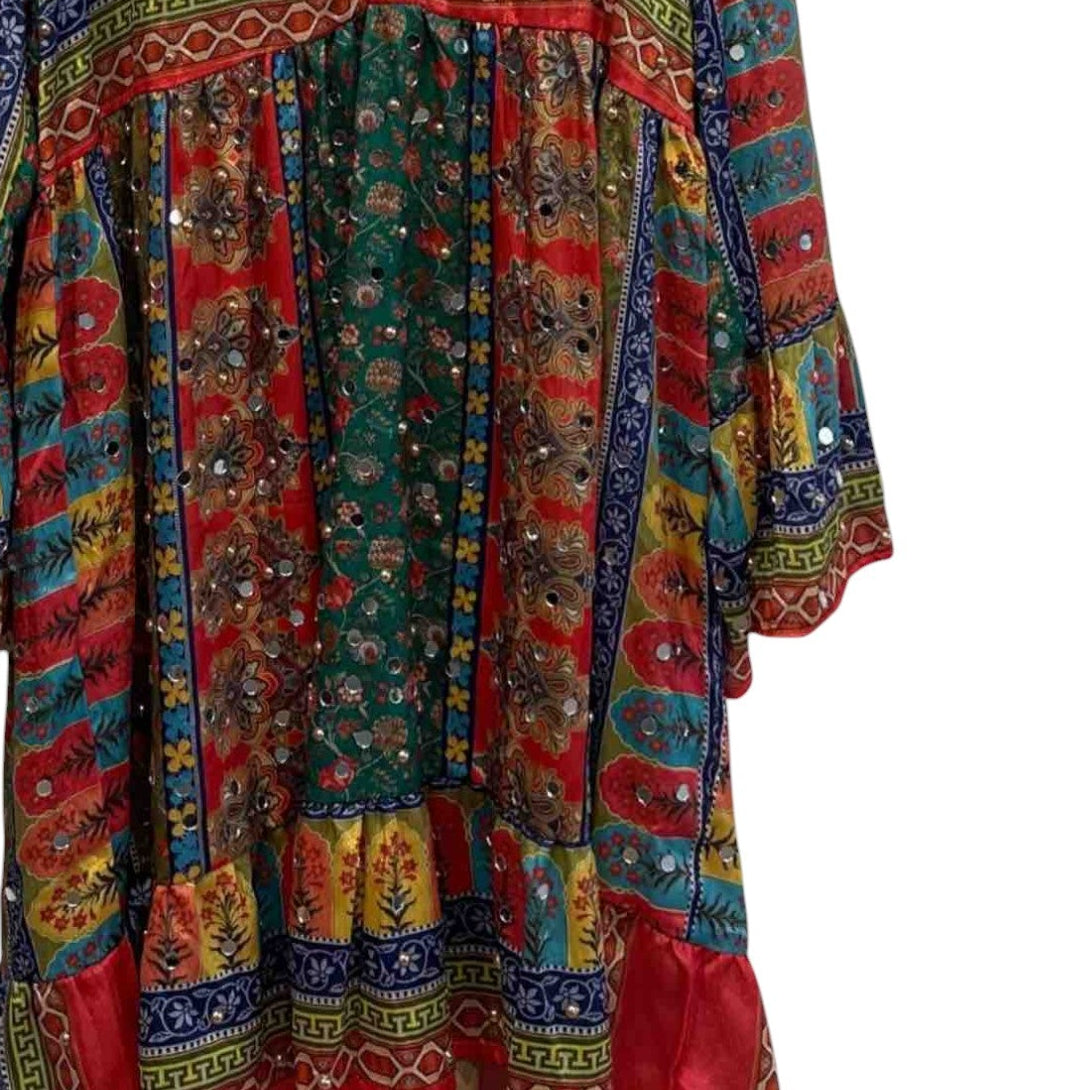 Short Embroidered Dress in Blue or Emerald Green with Gold Sparkles