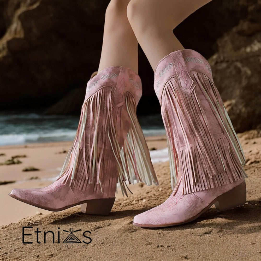 Botas Candy Rebelde – Rosa Empolvado con Flecos y Bordados