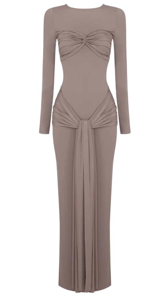 Vestido Largo Drapeado con Nudo Frontal – Chocolate