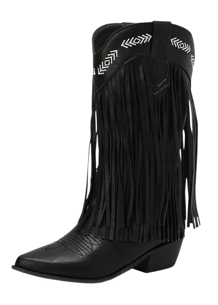 Botas Flaminga Negra – Bordado Tribal y Flecos Salvajes