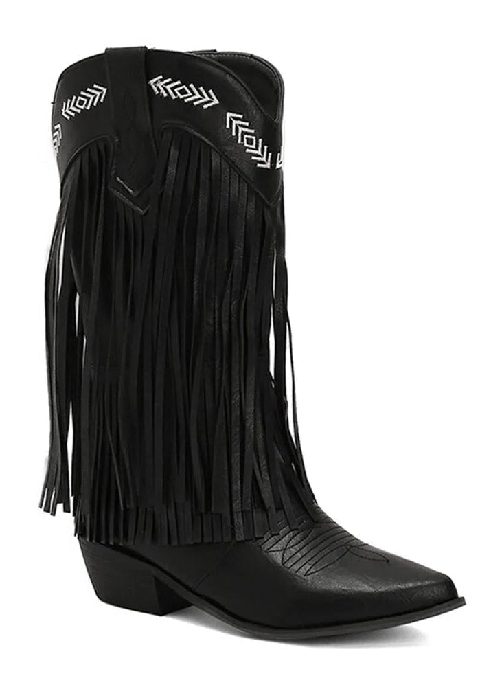 Botas Flaminga Negra – Bordado Tribal y Flecos Salvajes