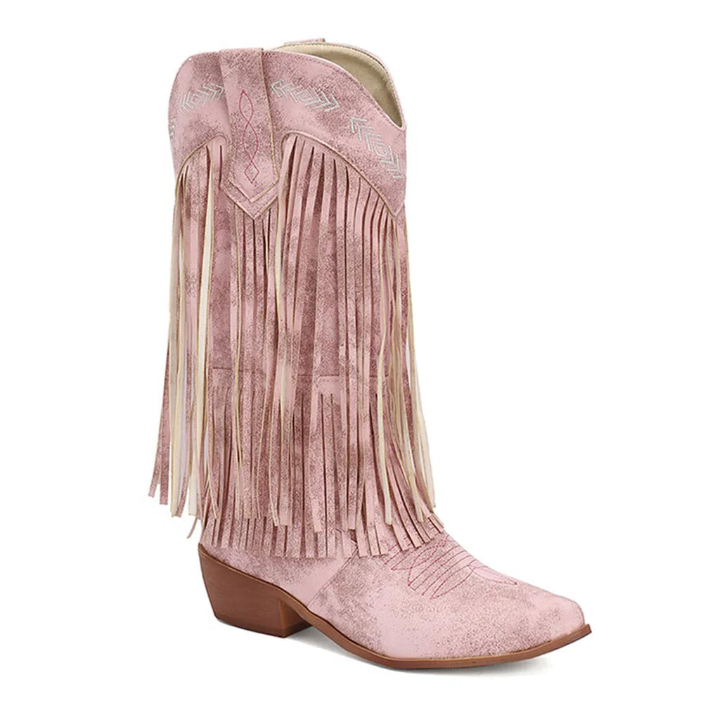 Botas Candy Rebelde – Rosa Empolvado con Flecos y Bordados