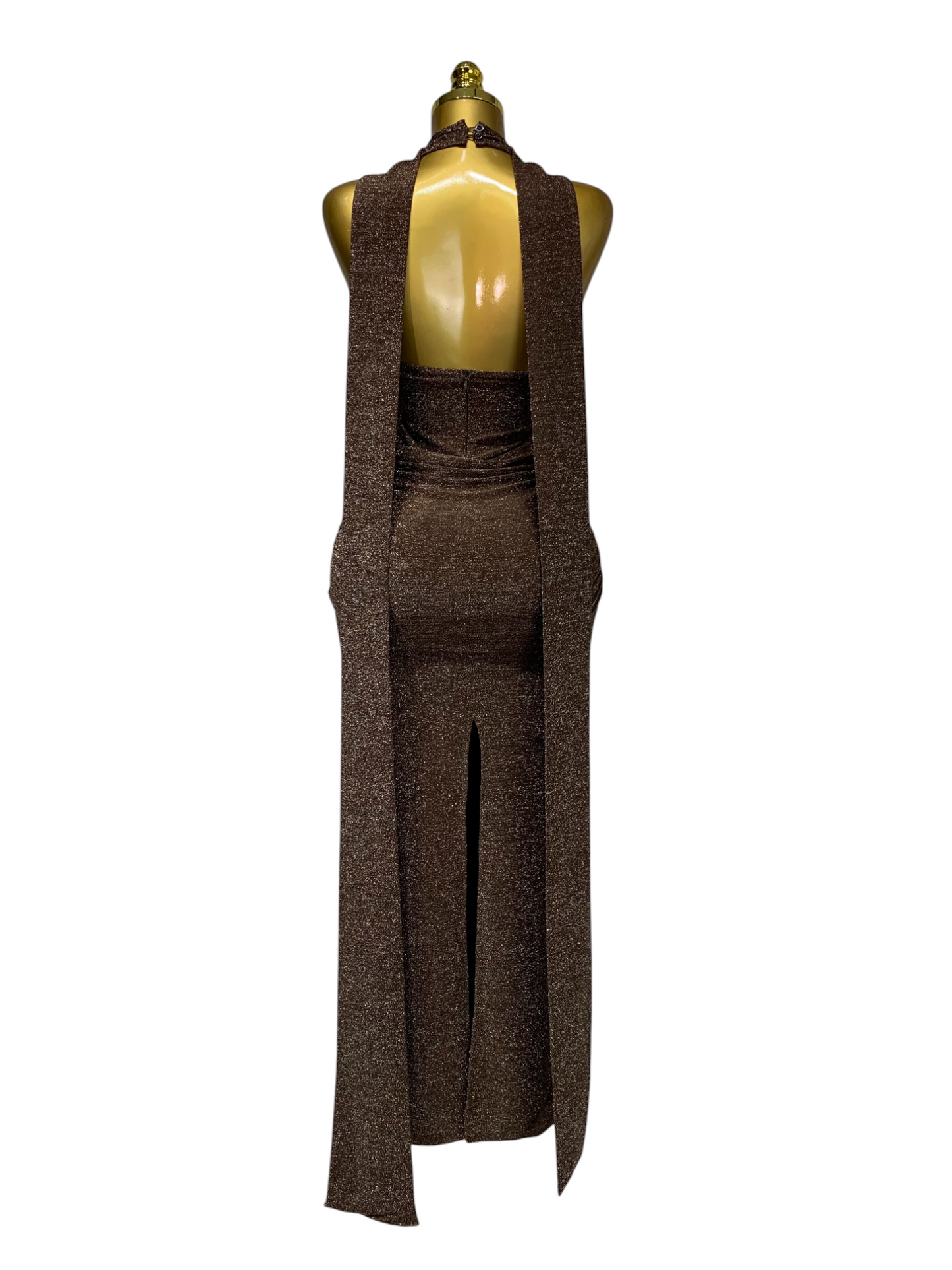 Vestido Largo Marrón Chocolate Metalizado ·