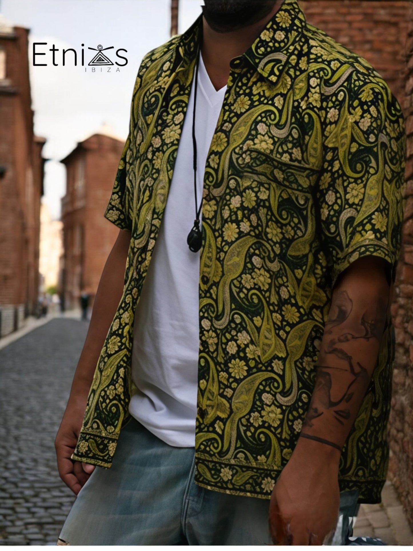 Camisa “Kashi Verde” – Hombre | Artesanal en Telas de Saree Recicladas · Talla Única