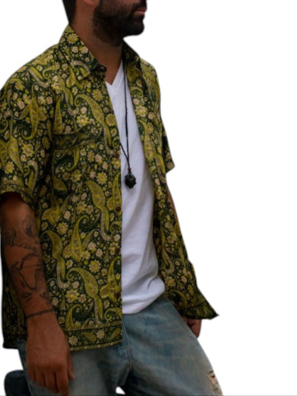 Camisa “Kashi Verde” – Hombre | Artesanal en Telas de Saree Recicladas · Talla Única