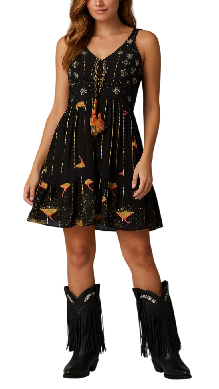 “Shanaya Black” short dress with gold embroidery and pompoms