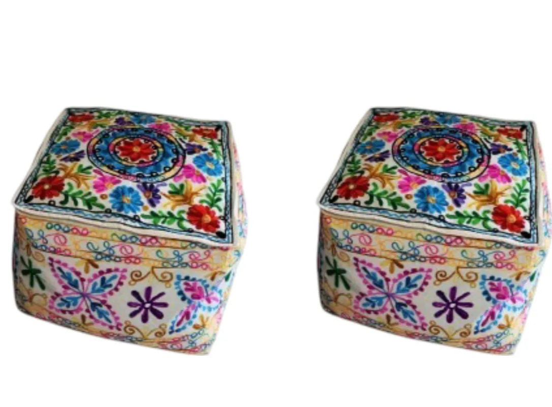 Gora Duo – Set of 2 hand-embroidered square poufs (50 cm)