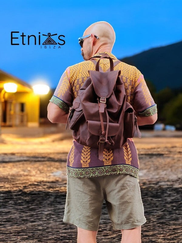 Large leather backpack with compartments on the sides